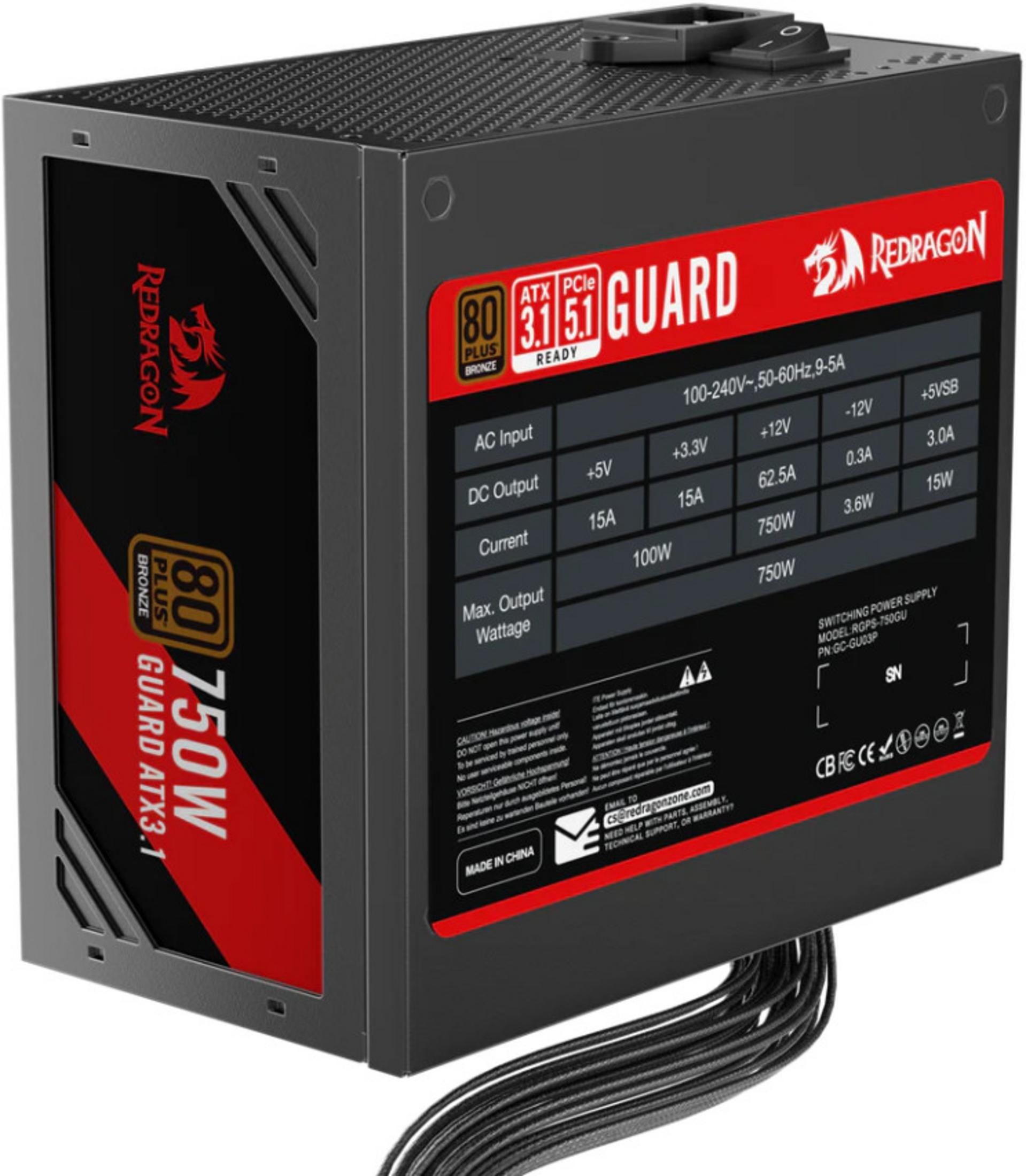 Alimentatore Redragon nero da 750W con certificazione 80 Plus Bronze e cavi.