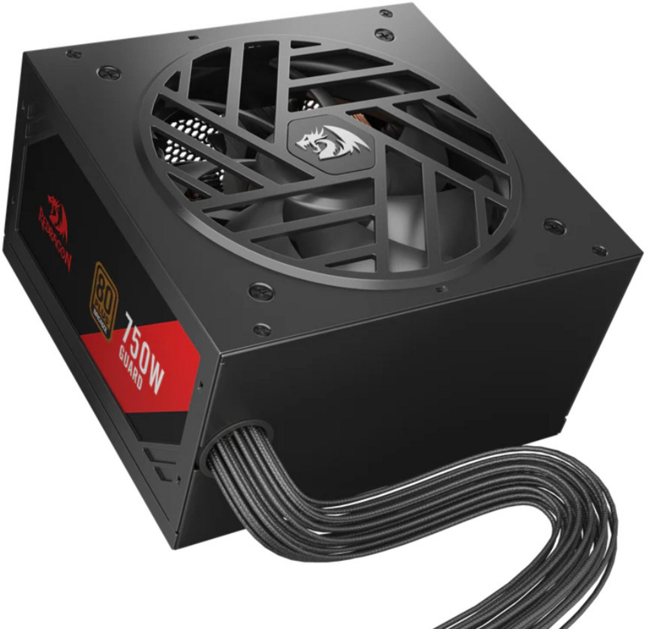 Alimentatore Redragon nero da 750W con certificazione 80 Plus Bronze e cavi.