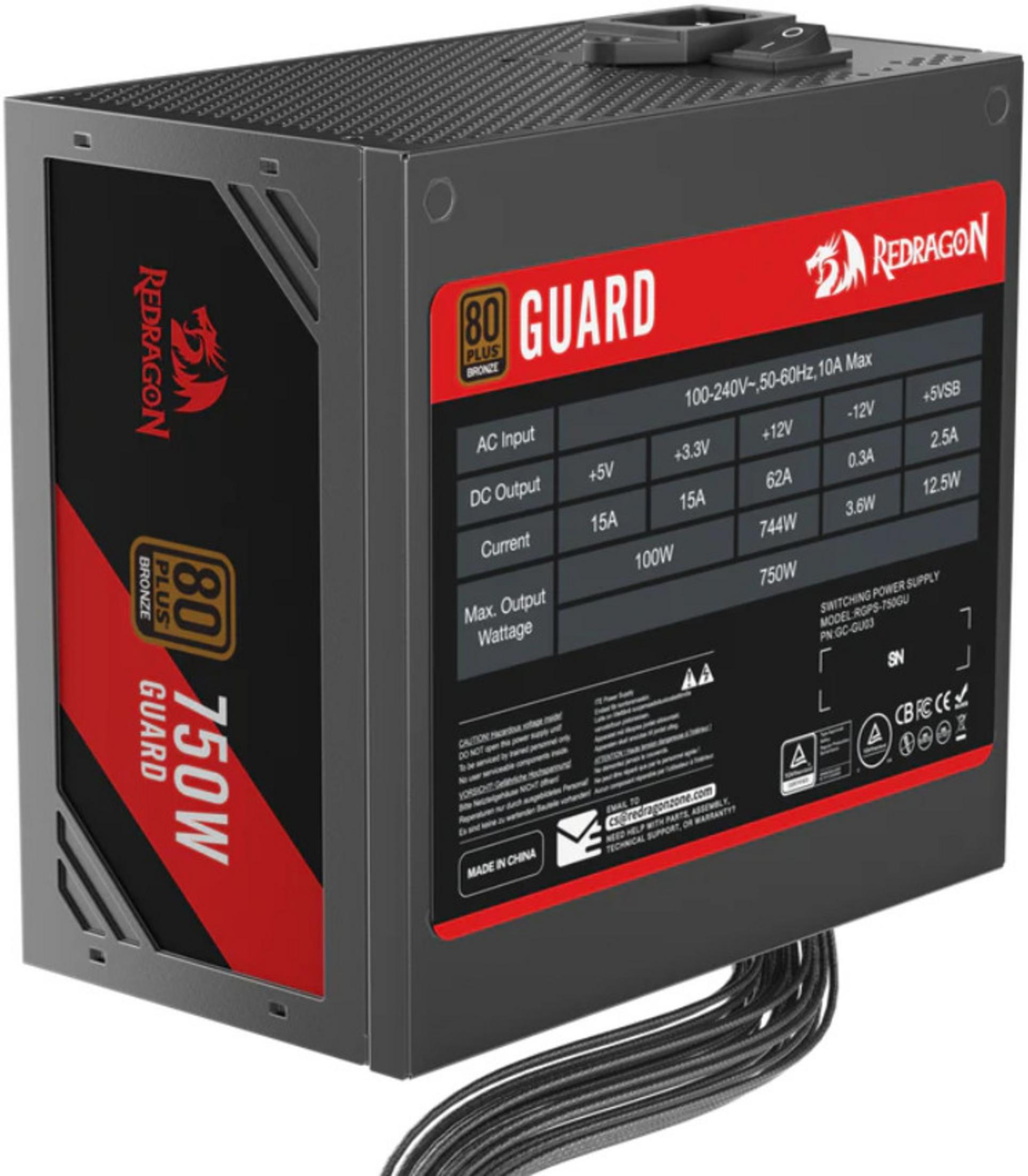 Un alimentatore Redragon da 750W con certificazione 80 PLUS Bronze. Cassa nera.