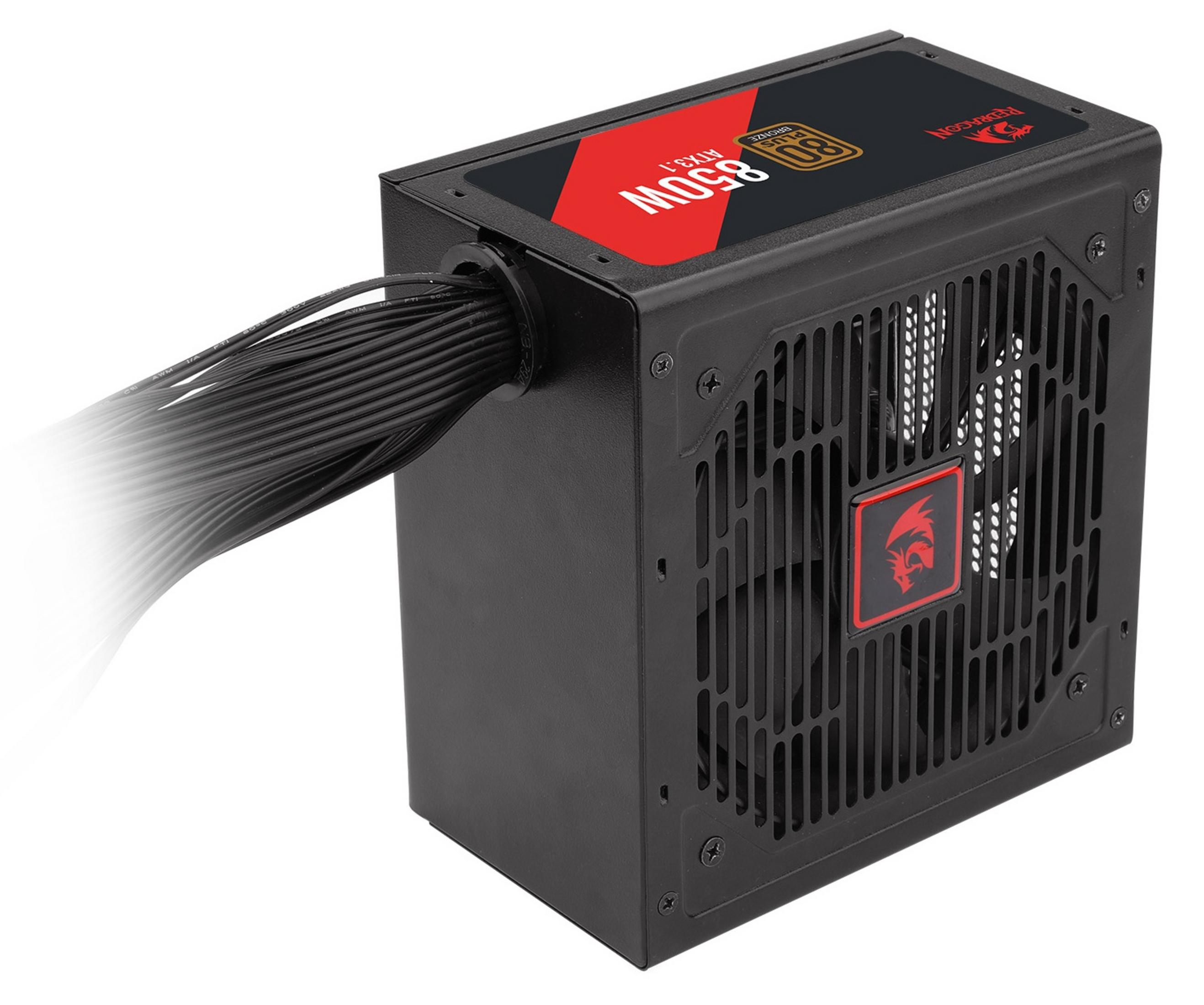Schwarzes Netzteil mit 850W, Lüftergitter und roten Akzenten.