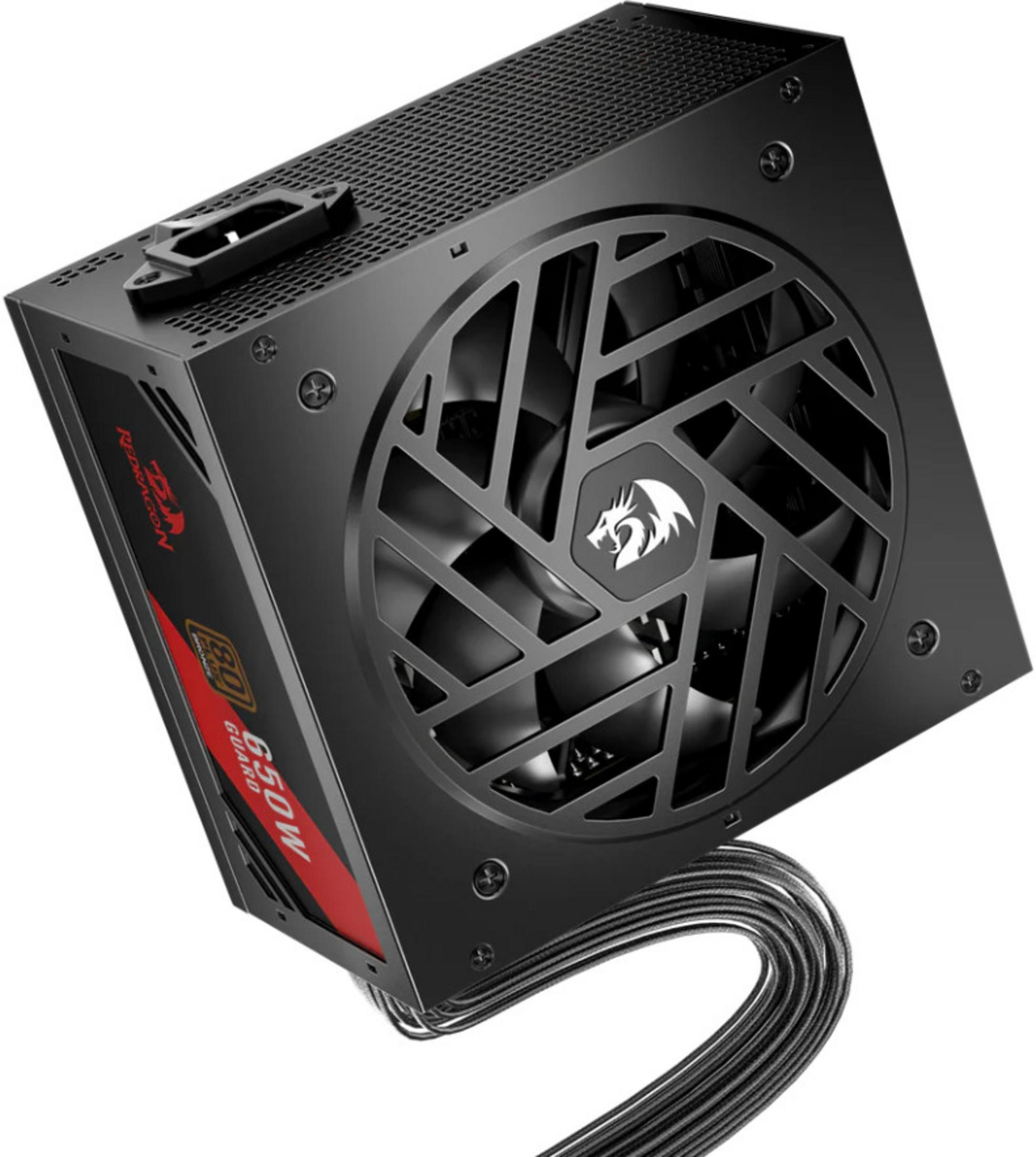 Alimentatore per computer nero con logo del drago sulla griglia della ventola e accenti rossi.