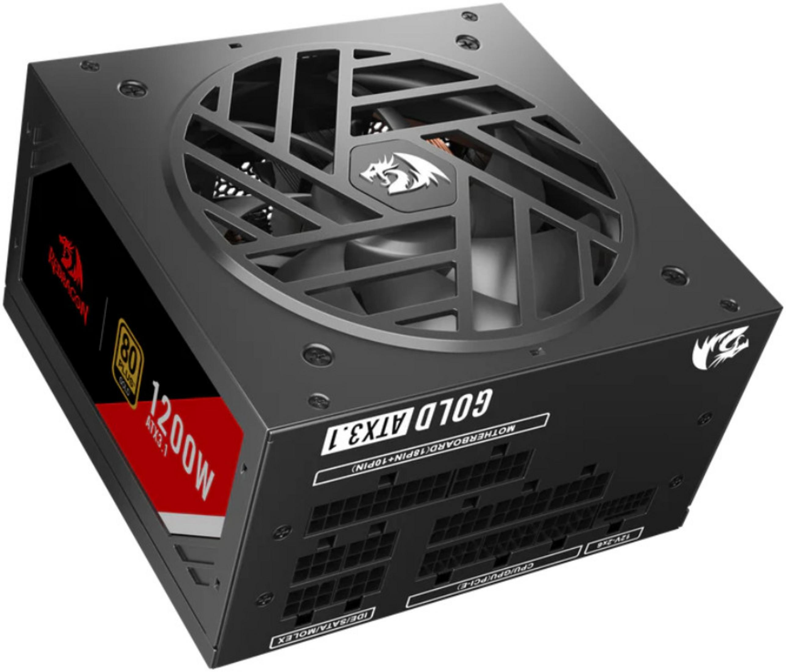 Alimentatore nero 1200W 80 Plus Gold ATX 3.1 con griglia ventola e logo drago.
