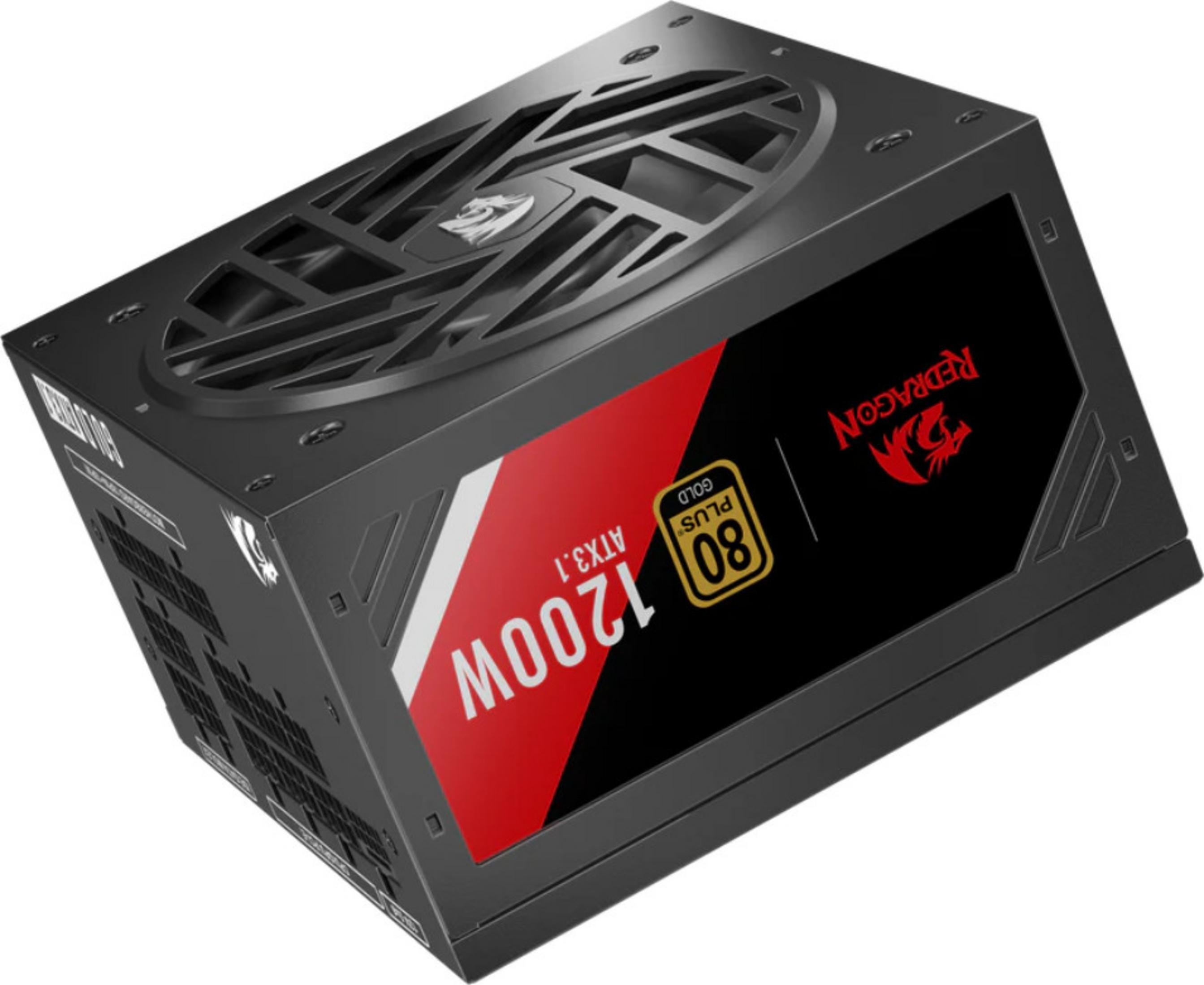 Alimentatore ATX 3.1 1200W nero con striscia rossa/bianca e sigillo dorato.