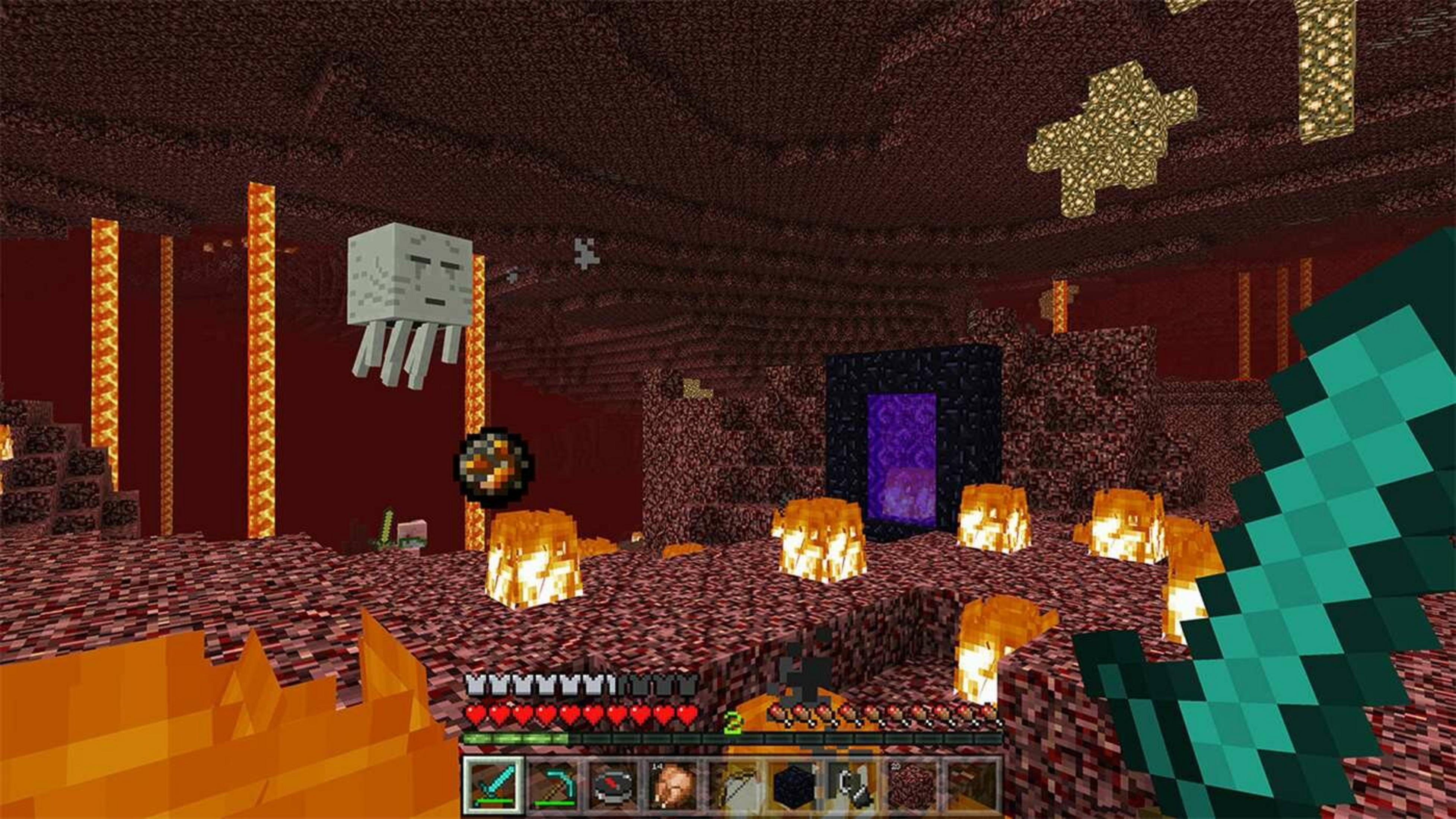 Scena Minecraft Nether con Ghast, portale e lava.