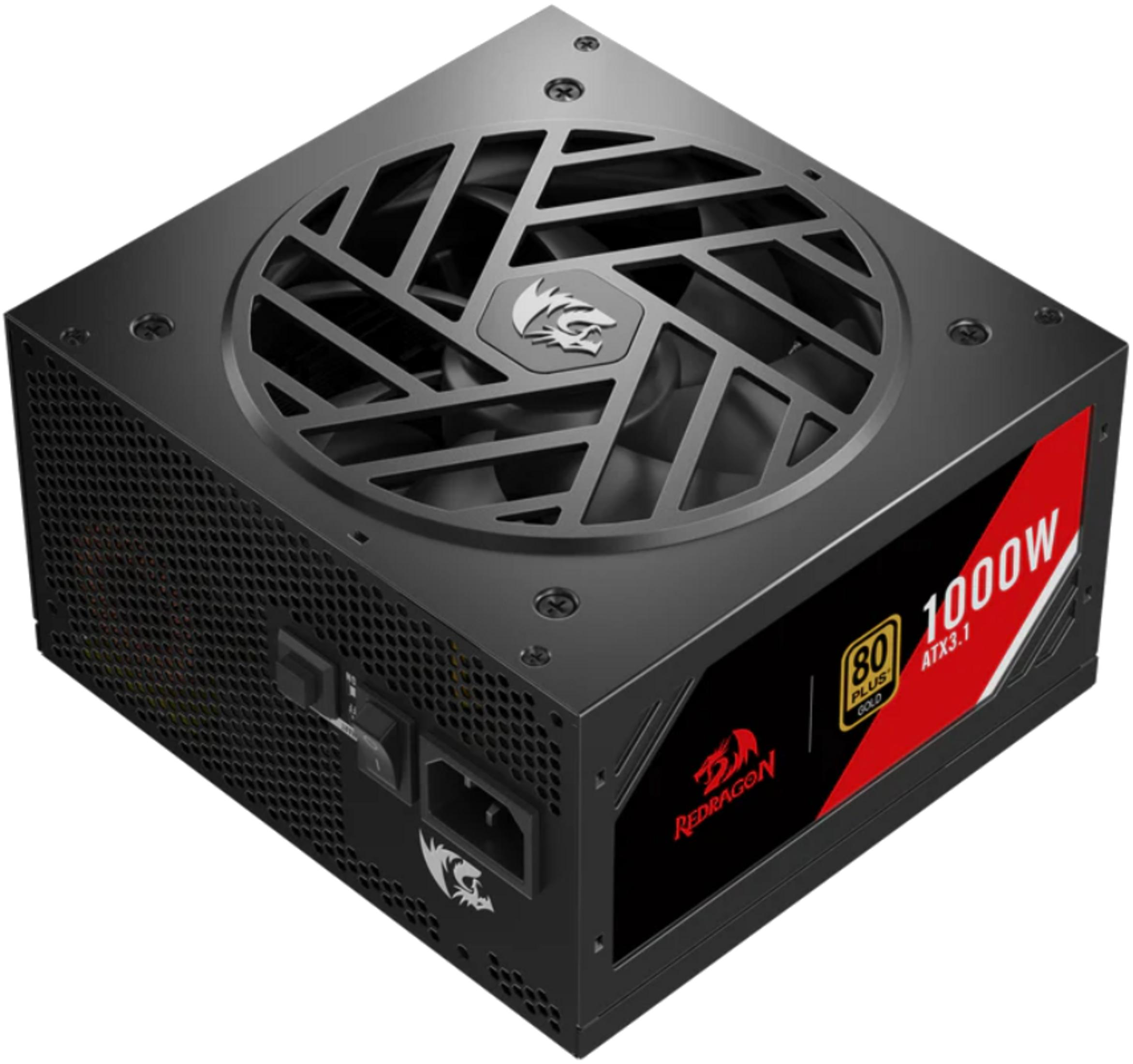 Alimentatore nero Redragon 1000W ATX 3.1 con griglia ventola e certificazione 80 Plus Gold.