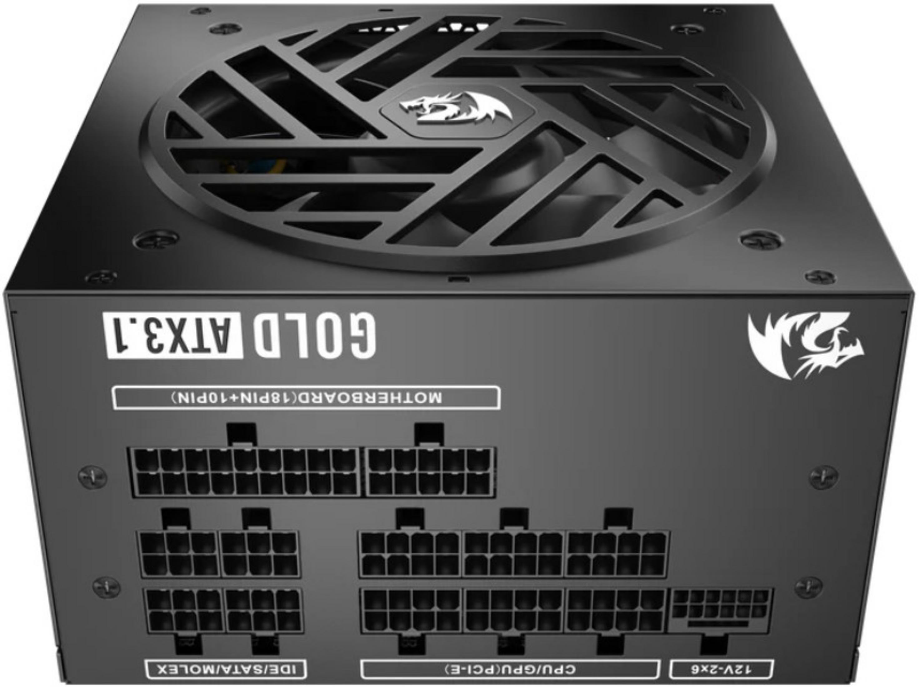 Alimentatore nero con griglia ventola e connettori. Etichettato 'GOLD ATX3.1'.
