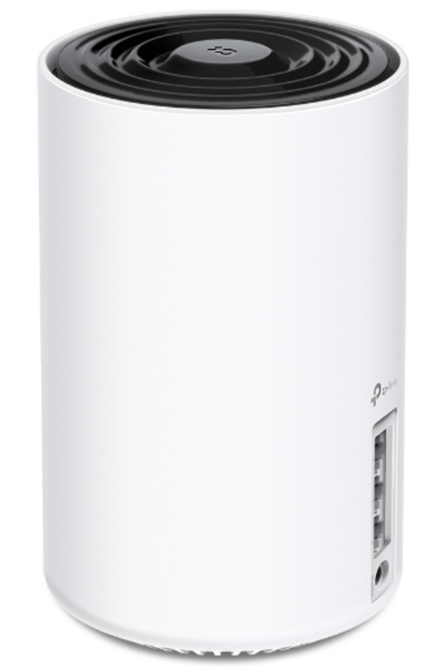 Biały, cylindryczny router z czarnym, prążkowanym blatem i bocznymi portami.