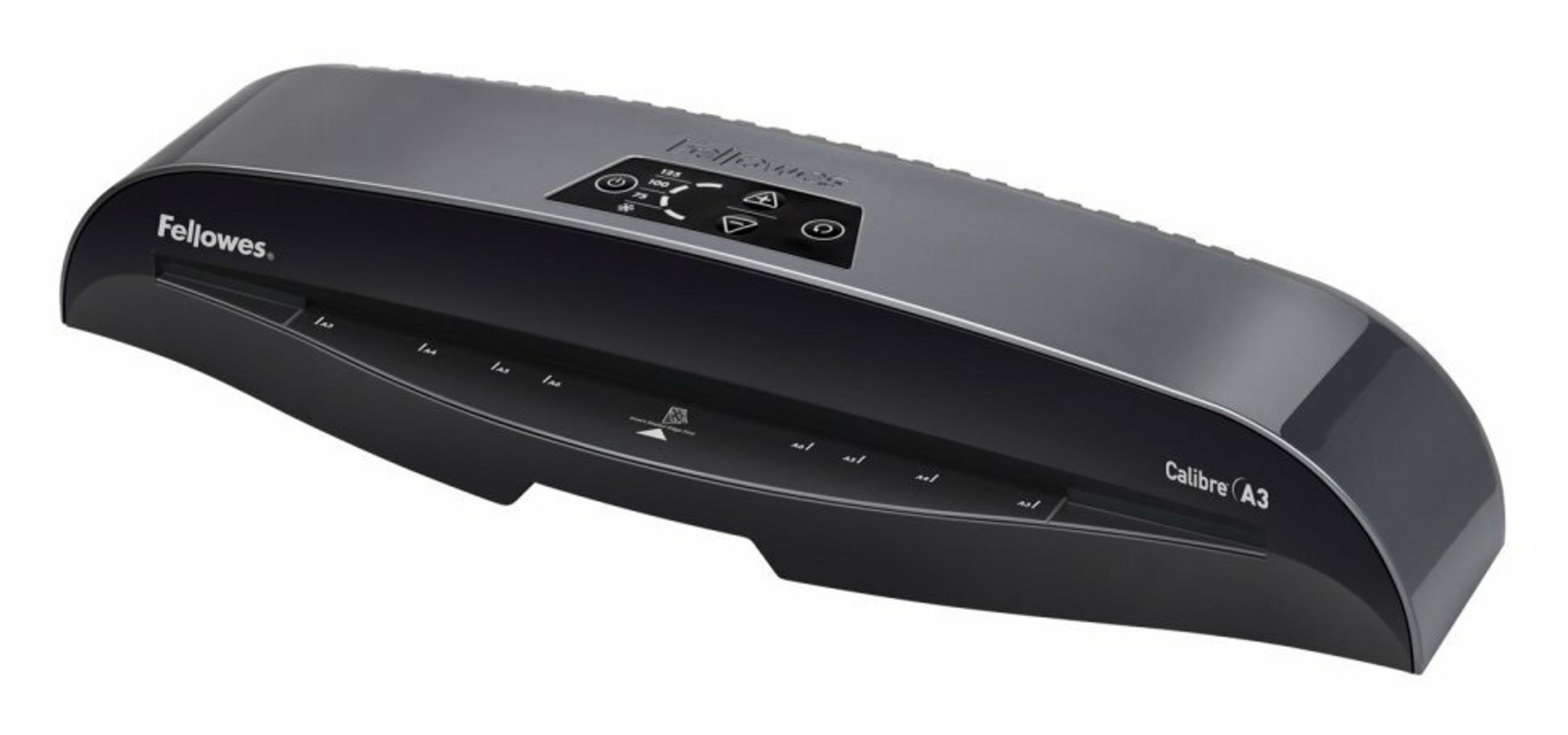 Czarna laminarka Fellowes Calibre A3 z przyciskami sterującymi na górze.