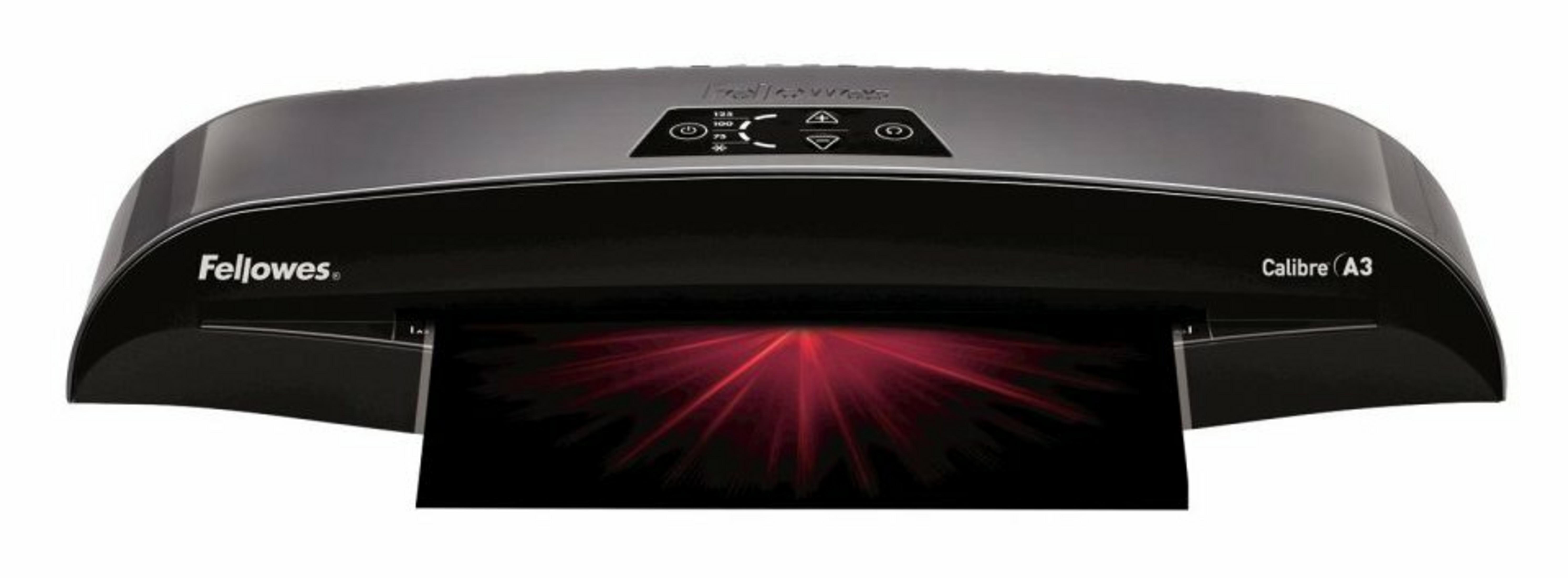 Czarna laminarka Fellowes Calibre A3 z wkładanym dokumentem.