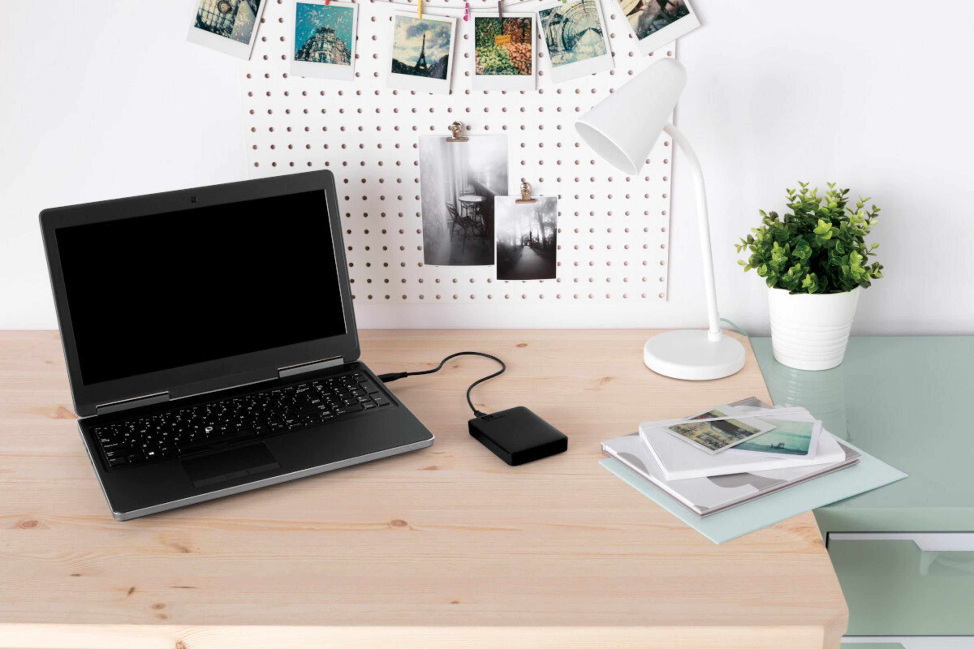 Laptop, zewnętrzny dysk twardy, lampa, roślina i zdjęcia na drewnianym biurku.