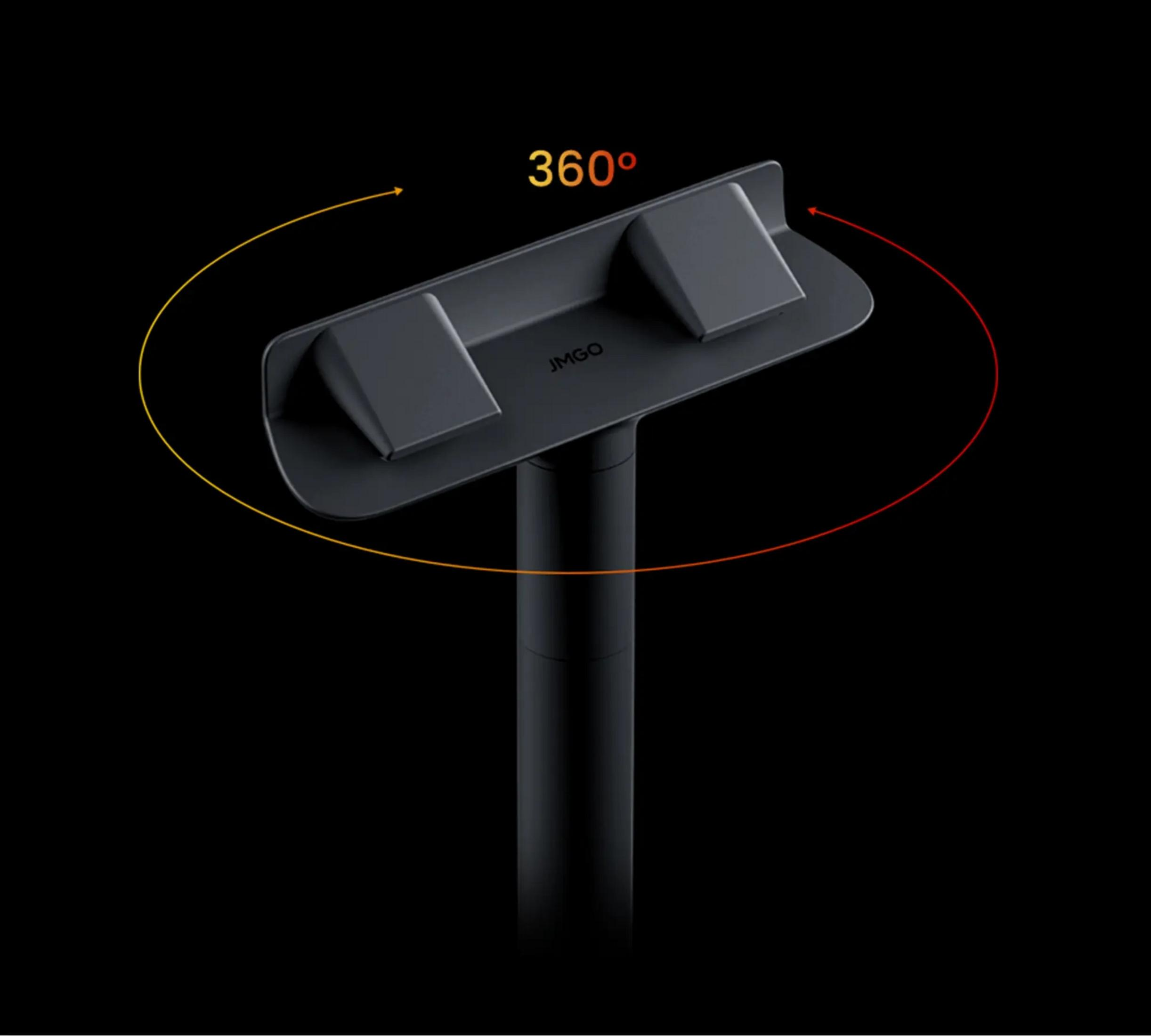 Un supporto nero con il logo JMGO, che mostra una rotazione di 360 gradi con frecce.