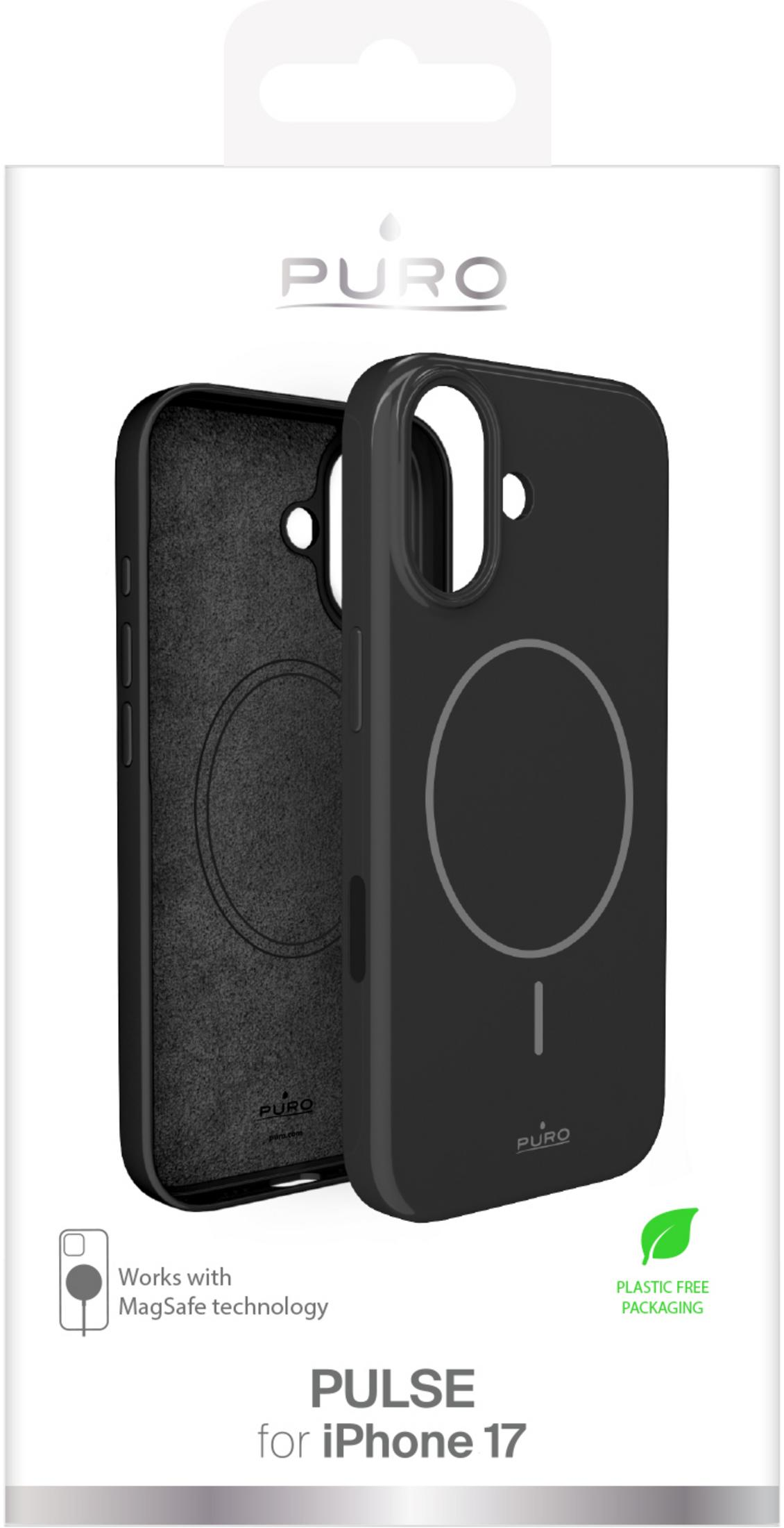 Custodia nera per iPhone 17 con tecnologia MagSafe e logo PURO.
