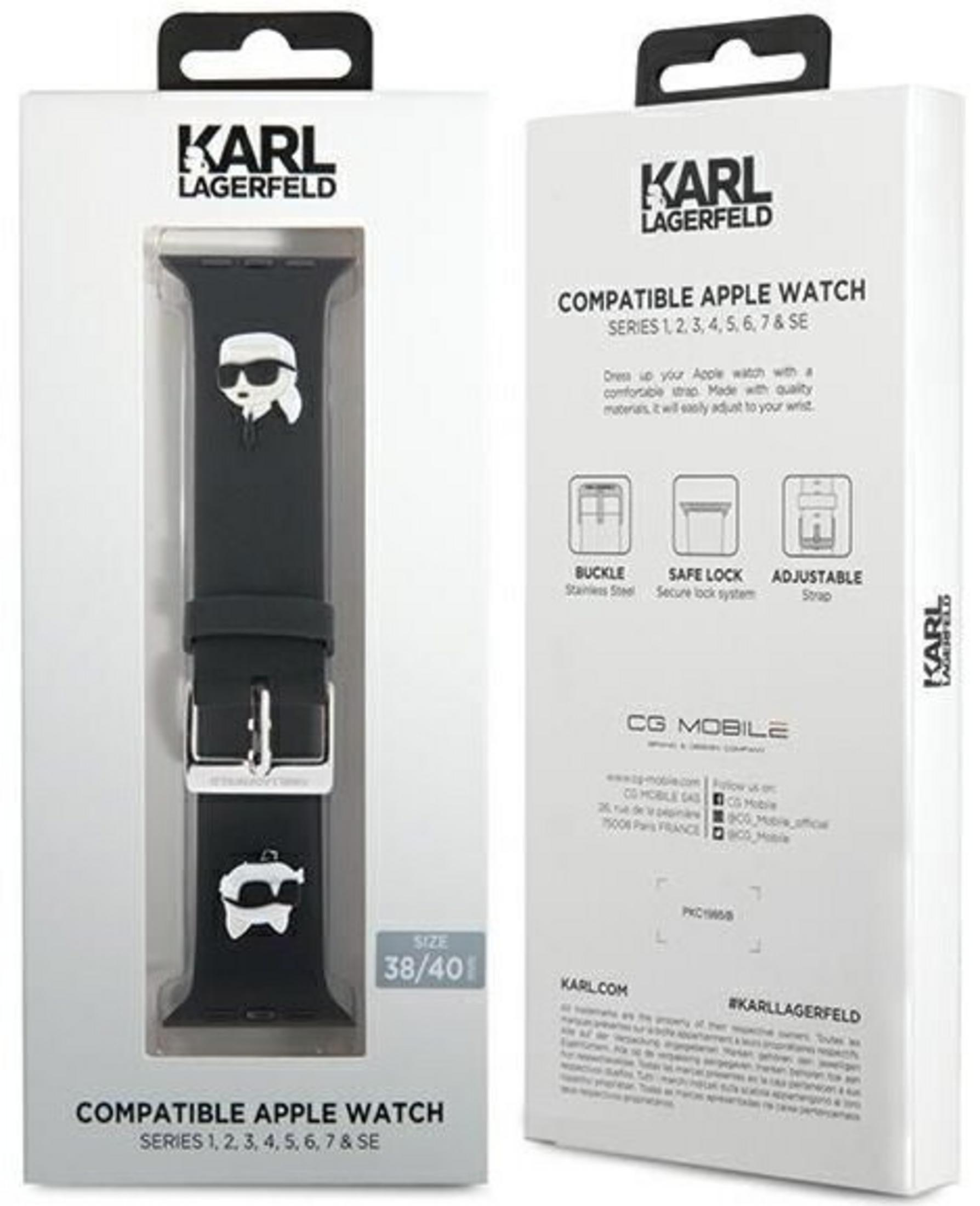 Karl Lagerfeld beyaz kurukafa tasarımlı siyah Apple Watch kayışı, 38/40 beden.