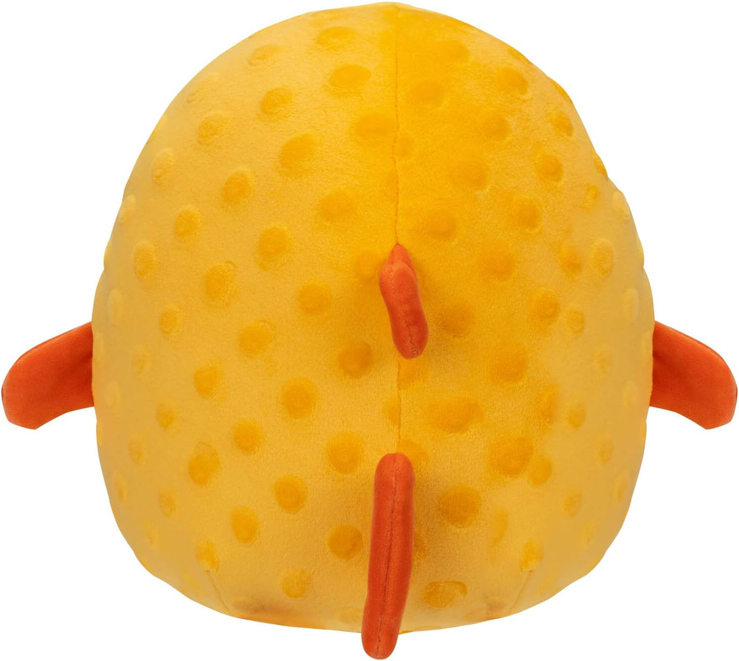 Ein gelbes, rundes Plüschtier mit orangefarbenen Flecken und orangefarbenen Flossen. Es hat zwei orangefarbene Schwänze.