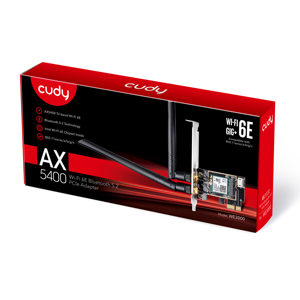 Adapter PCIe Cudy AX5400 z Wi-Fi 6E i Bluetooth 5.2 na czerwonym opakowaniu.