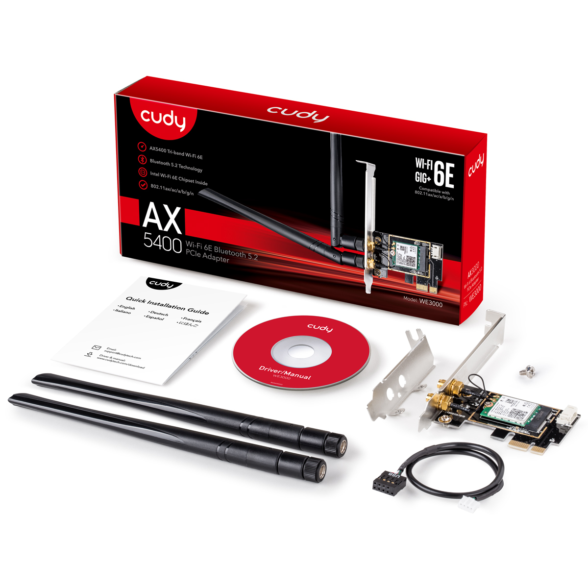 Pudełko adaptera PCIe Cudy AX5400 Wi-Fi 6E z antenami, instrukcją, płytą CD i elementami adaptera.