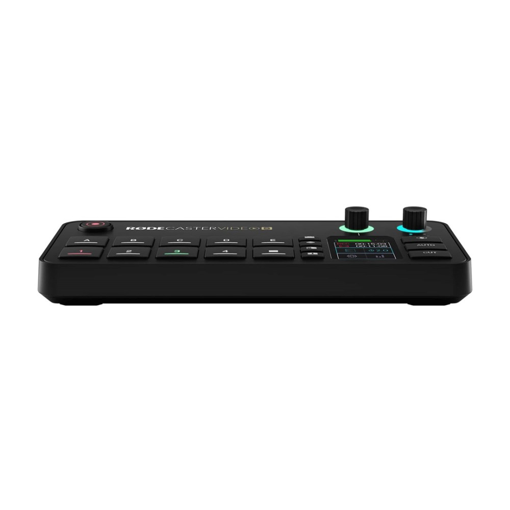 Czarny mikser audio Rodecaster Pro z przyciskami, pokrętłami i ekranem.
