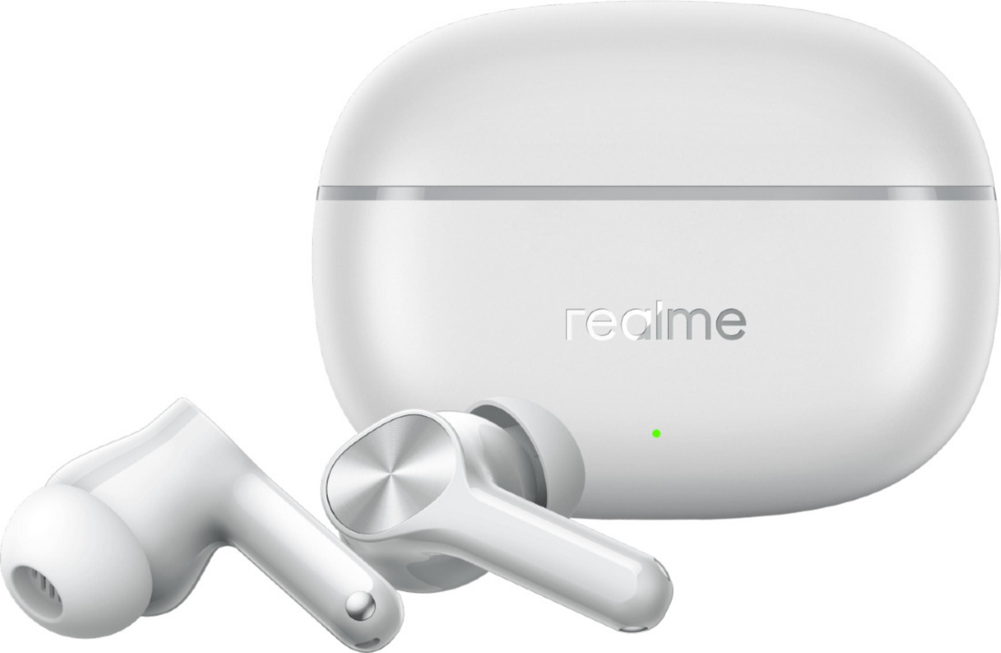 Weiße kabellose Ohrhörer und Ladehülle mit Realme-Logo und grünem Licht.