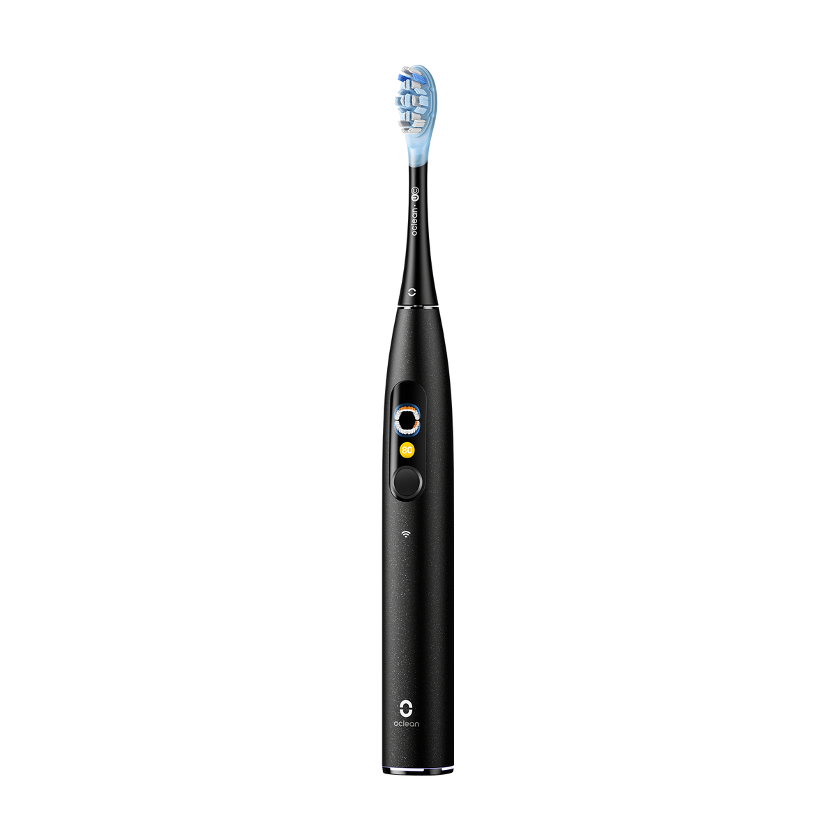 Eine schwarze elektrische Zahnbürste mit blauen Borsten und Digitalanzeige.