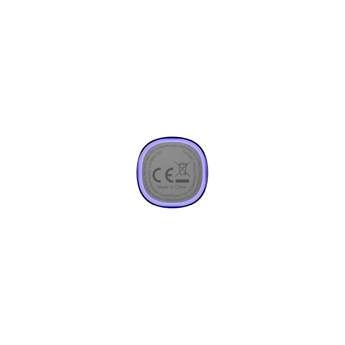 Unteransicht eines runden elektronischen Geräts mit CE-Zeichen, Batteriesymbol und 'Made in China'.