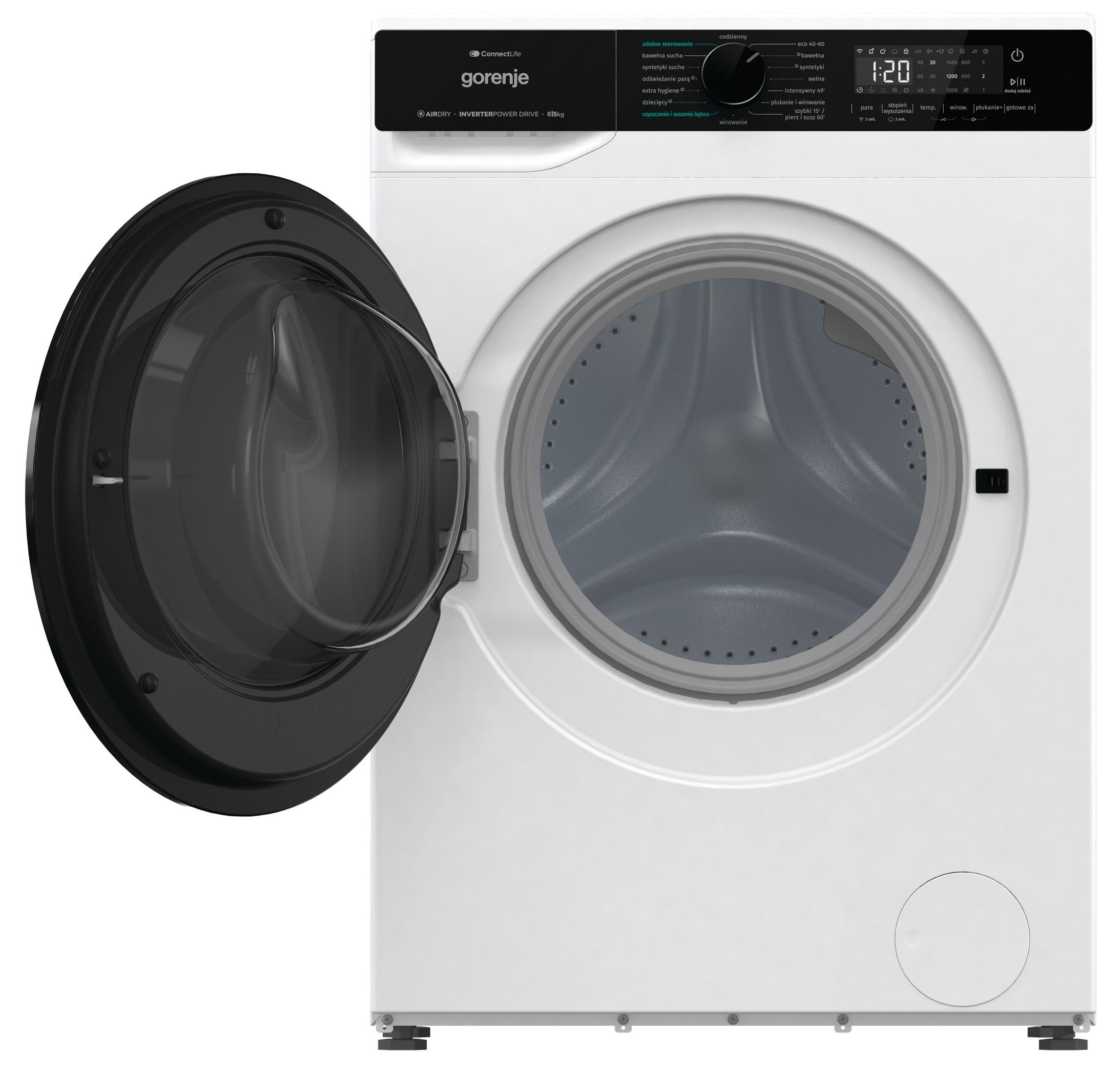 Una lavatrice Gorenje bianca con oblò aperto e display digitale.