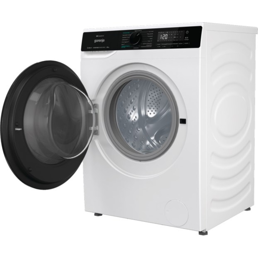 Una lavatrice Gorenje bianca con l'oblò aperto, che rivela il cestello.