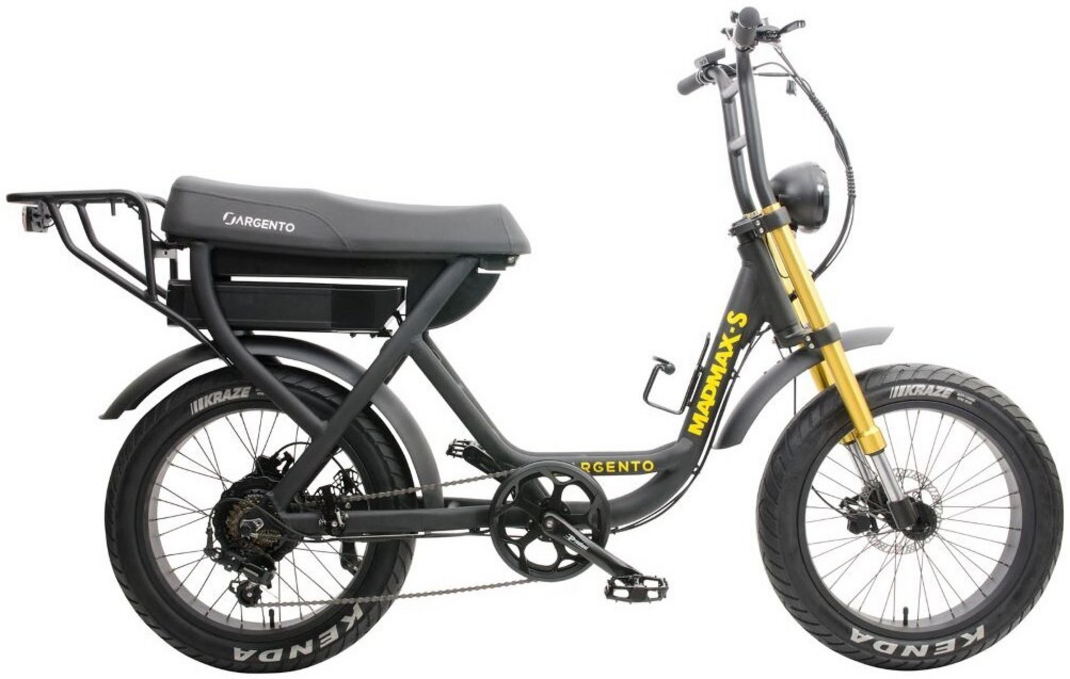 Czarny rower elektryczny z żółtym widelcem przednim i napisem "MADMAX-S".