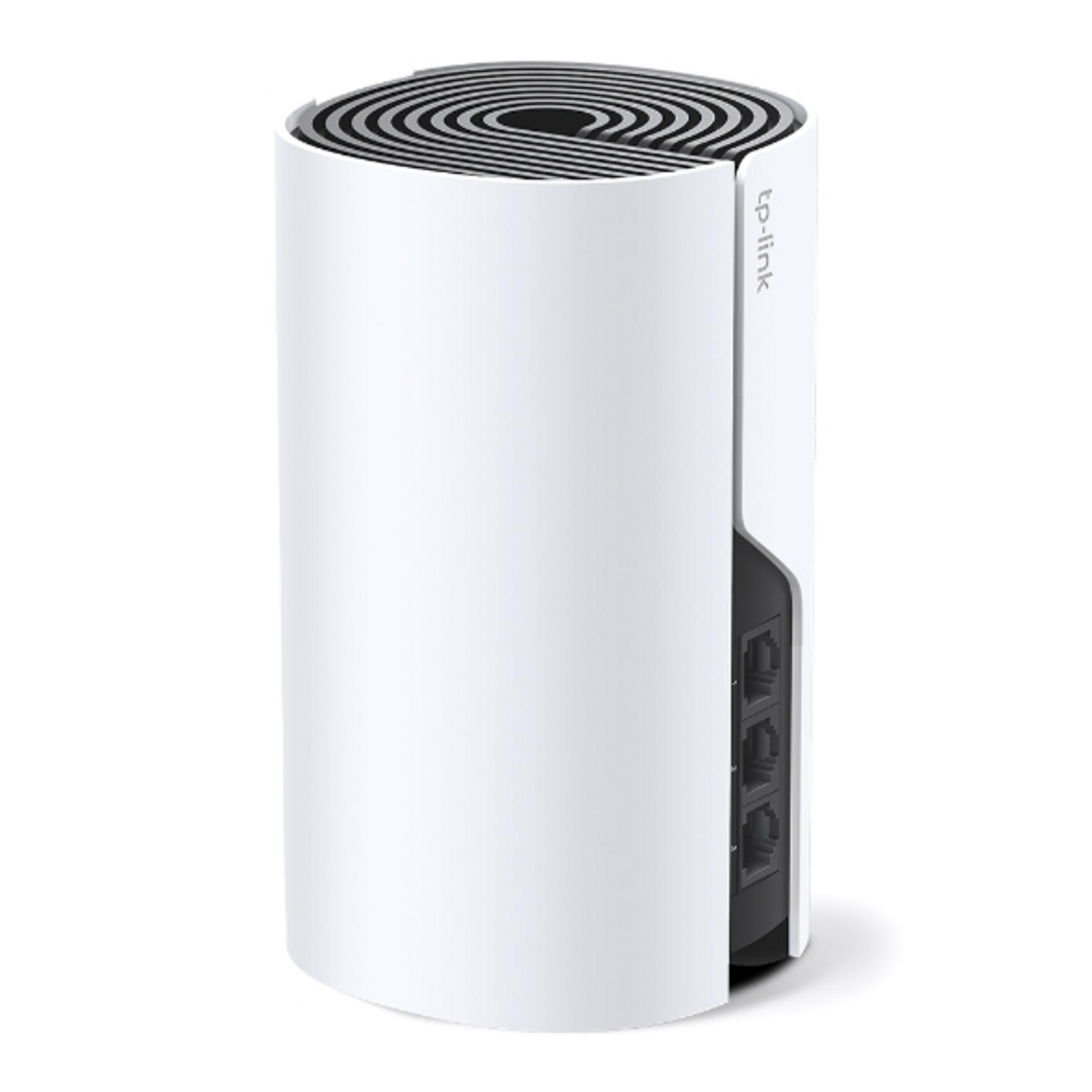 Un'unità Wi-Fi mesh TP-Link bianca con parte superiore nera ad anelli concentrici e porte Ethernet sul lato.