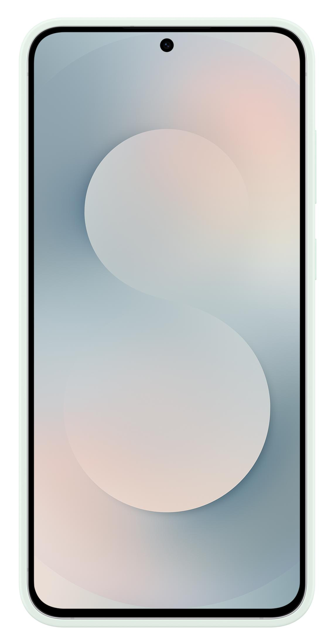Een lichtgroene smartphone met een gestileerd S-vormig patroon op het scherm.