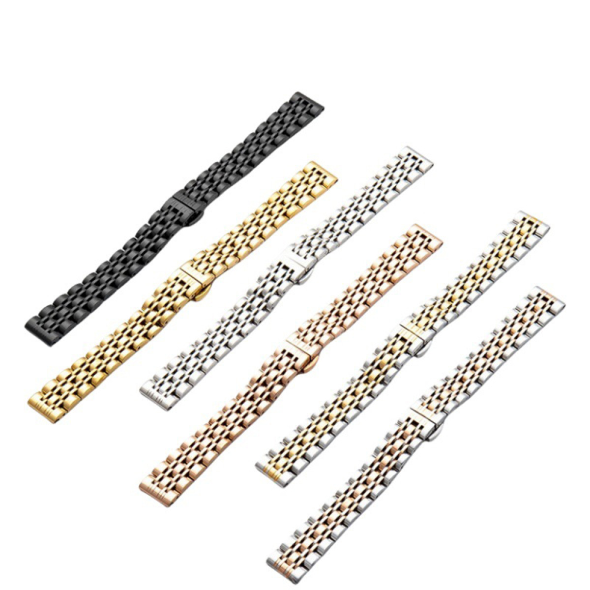 Sechs Metallarmbänder in Schwarz, Gold, Silber, Roségold und Bicolor.