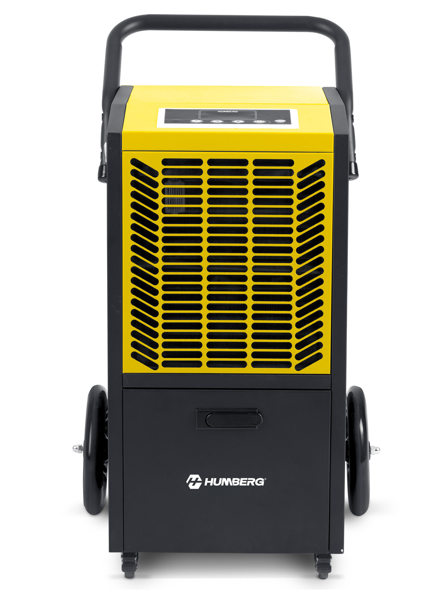 Żółty i czarny przenośny osuszacz powietrza z kołami i panelem sterowania.