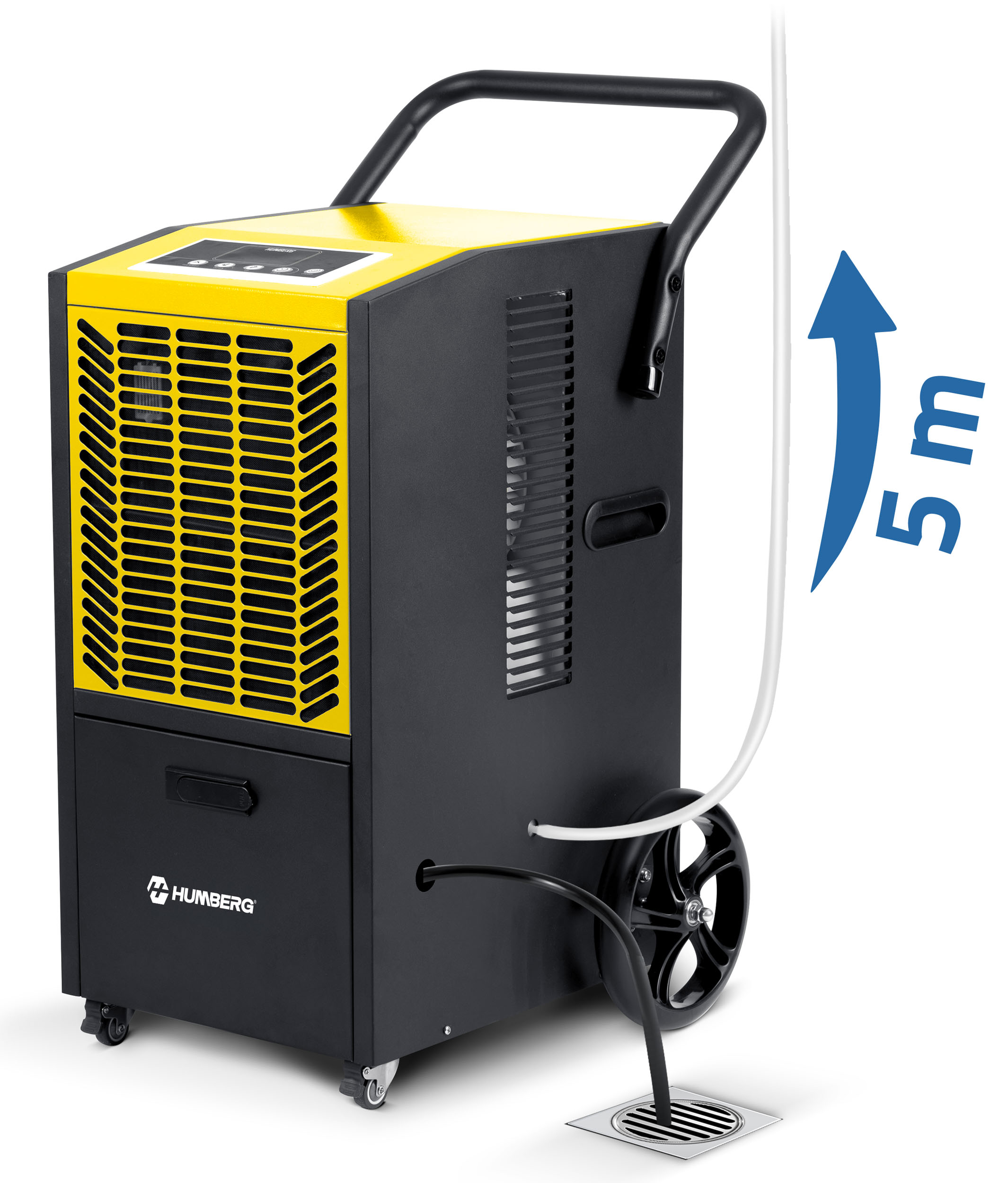 Żółto-czarny osuszacz powietrza z kółkami, wężem odpływowym i wskaźnikiem odpływu 5m.