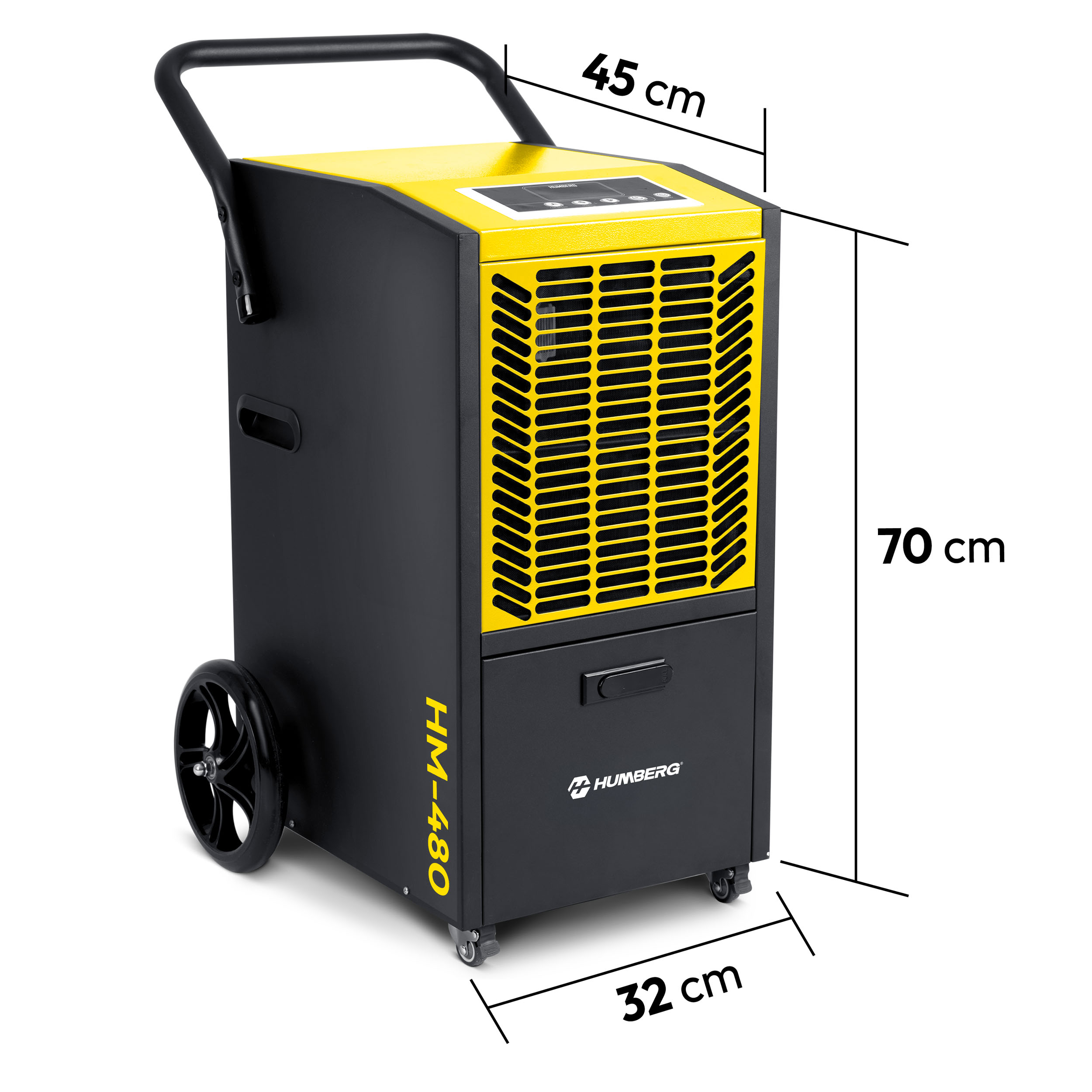 Czarno-żółty osuszacz z kółkami i uchwytem. Wymiary: 45cm, 70cm, 32cm.