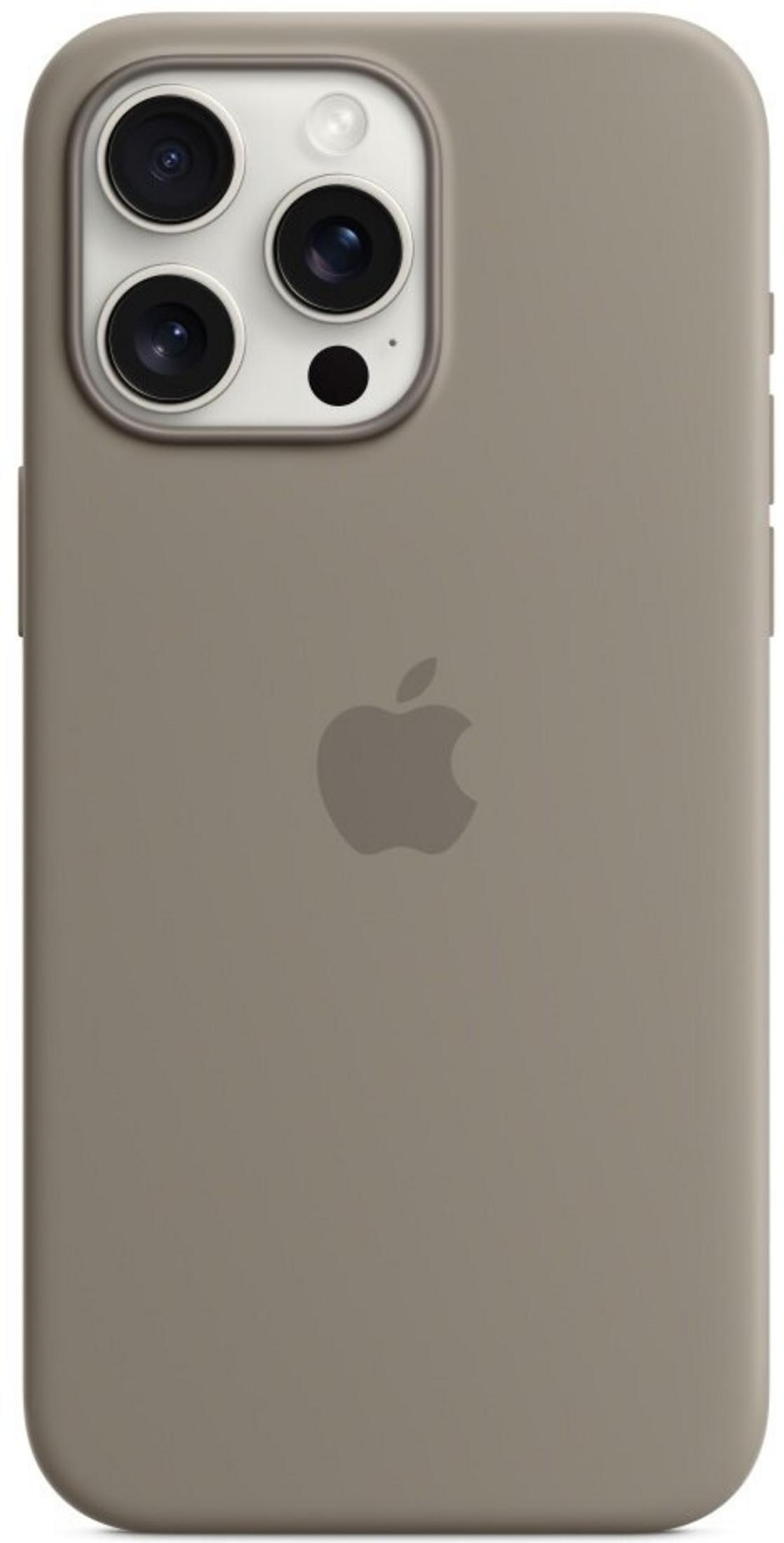 Arrière d'un étui iPhone gris avec logo Apple et triple appareil photo.