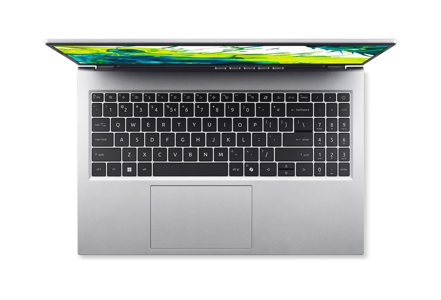 Laptop argentato con coperchio aperto che mostra uno schermo colorato e una tastiera nera.