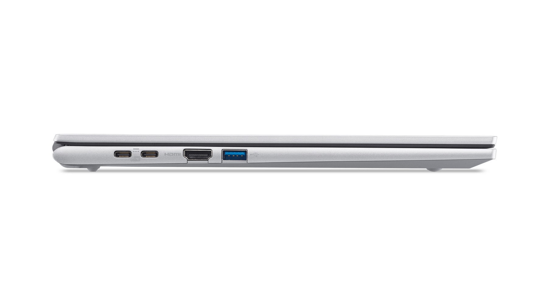 Vista laterale di un laptop argento, con porte USB-C, HDMI e USB-A.