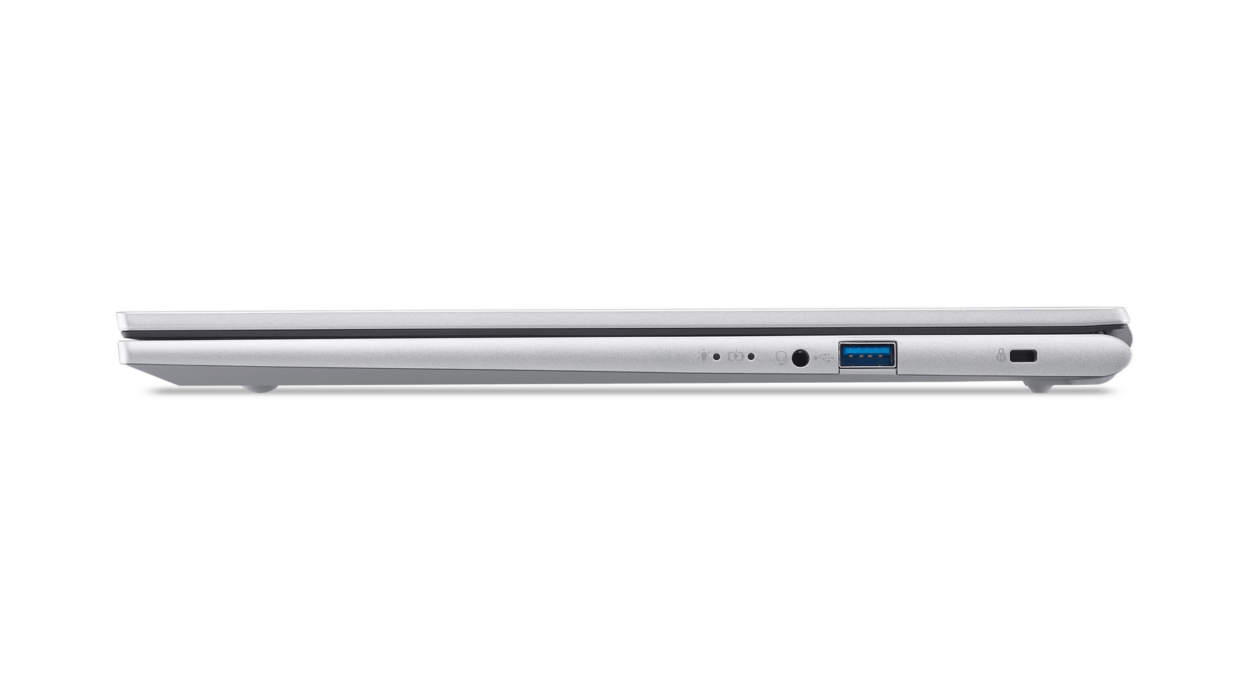 Vista laterale di un laptop argentato che mostra porte: USB, cuffie, alimentazione.
