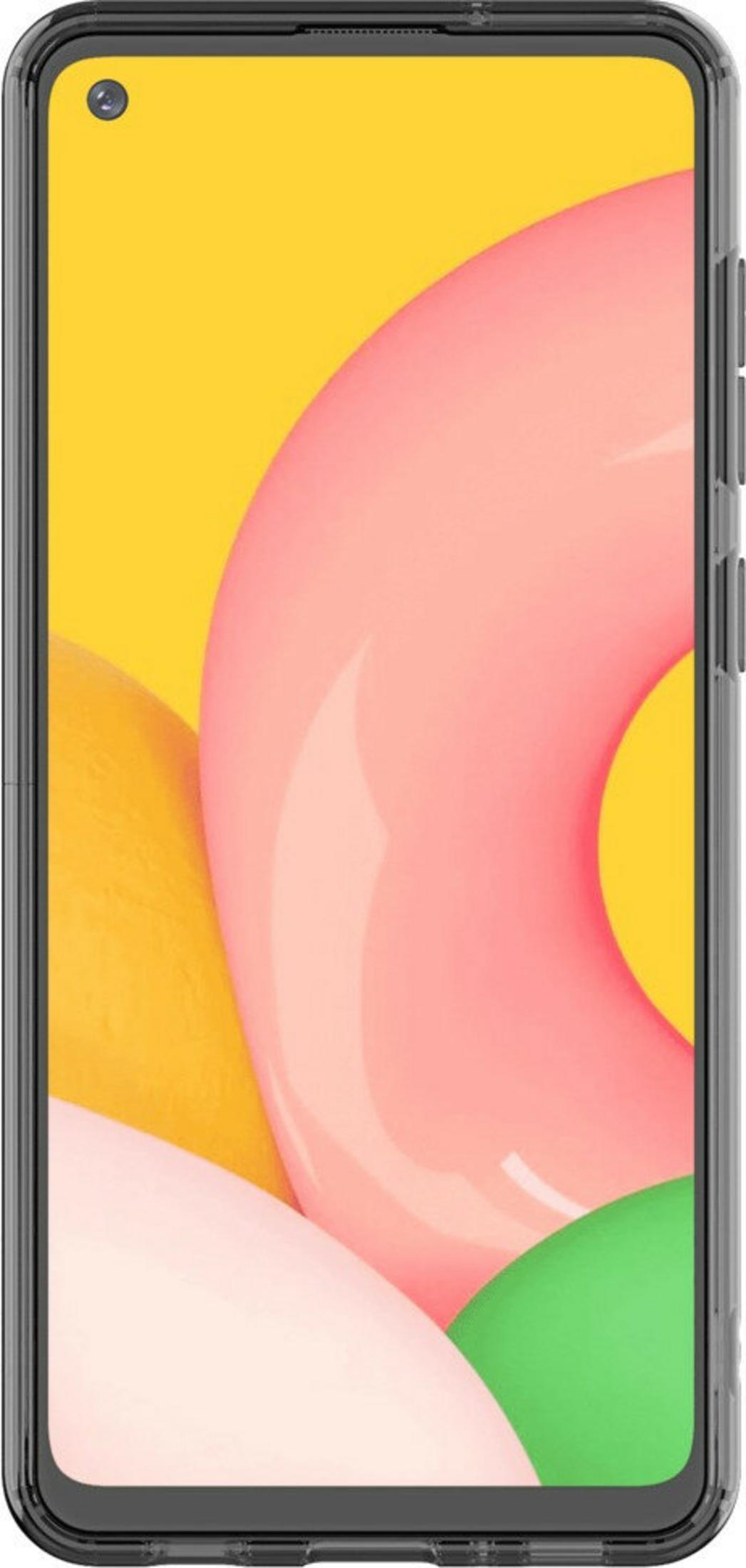 Un smartphone con un diseño abstracto rosa, amarillo y verde en la pantalla.