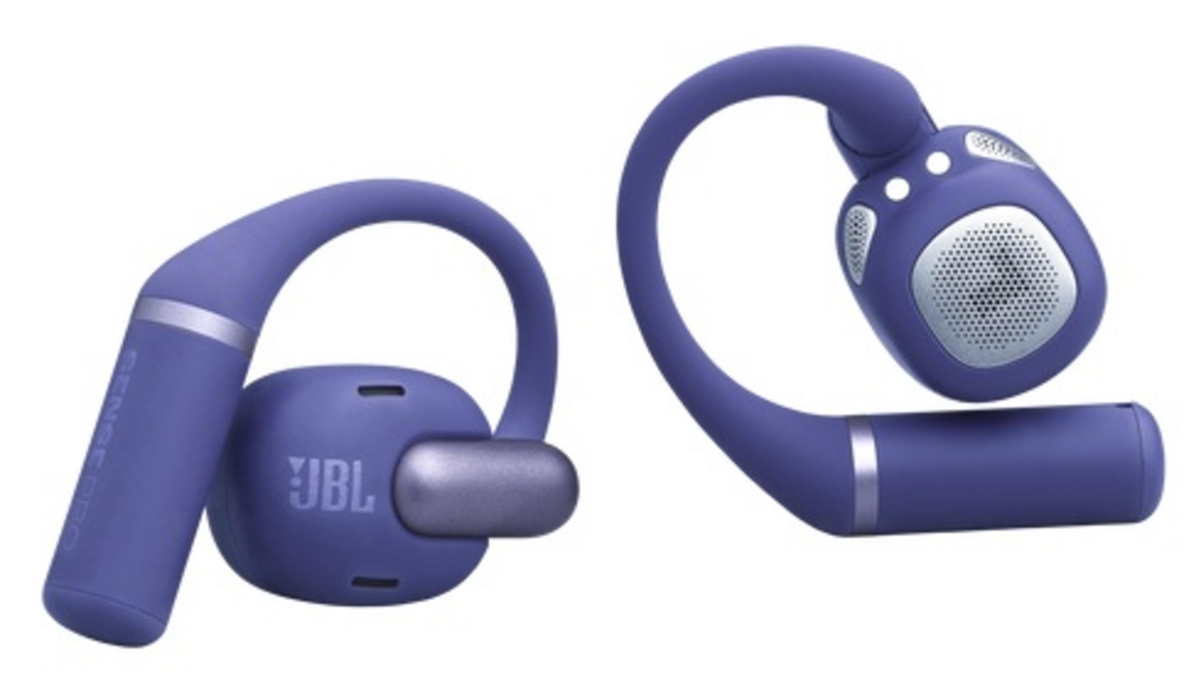 Due cuffie JBL viola con ganci per orecchie e accenti argentati su sfondo bianco.