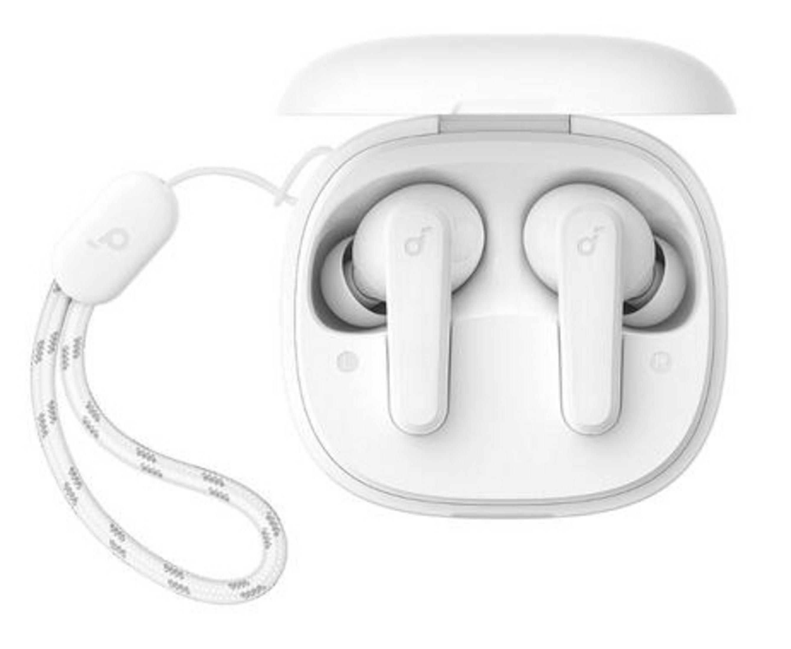 Białe słuchawki bezprzewodowe z etui ładującym i paskiem na nadgarstek. Logo na słuchawkach.