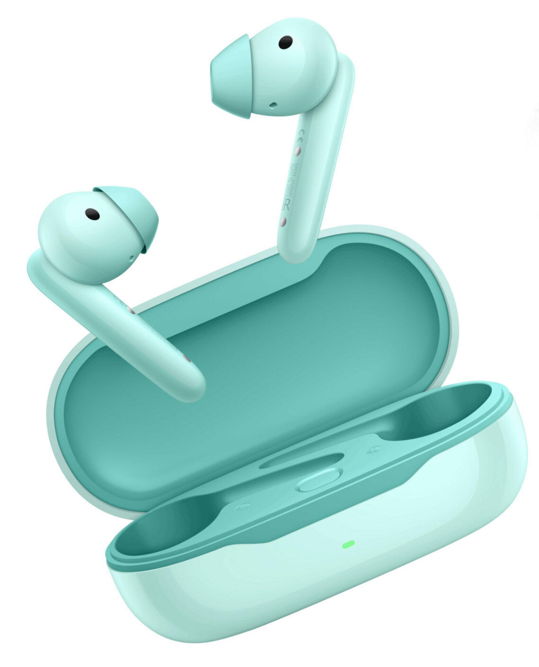 Auricolari wireless verde acqua con custodia di ricarica aperta.