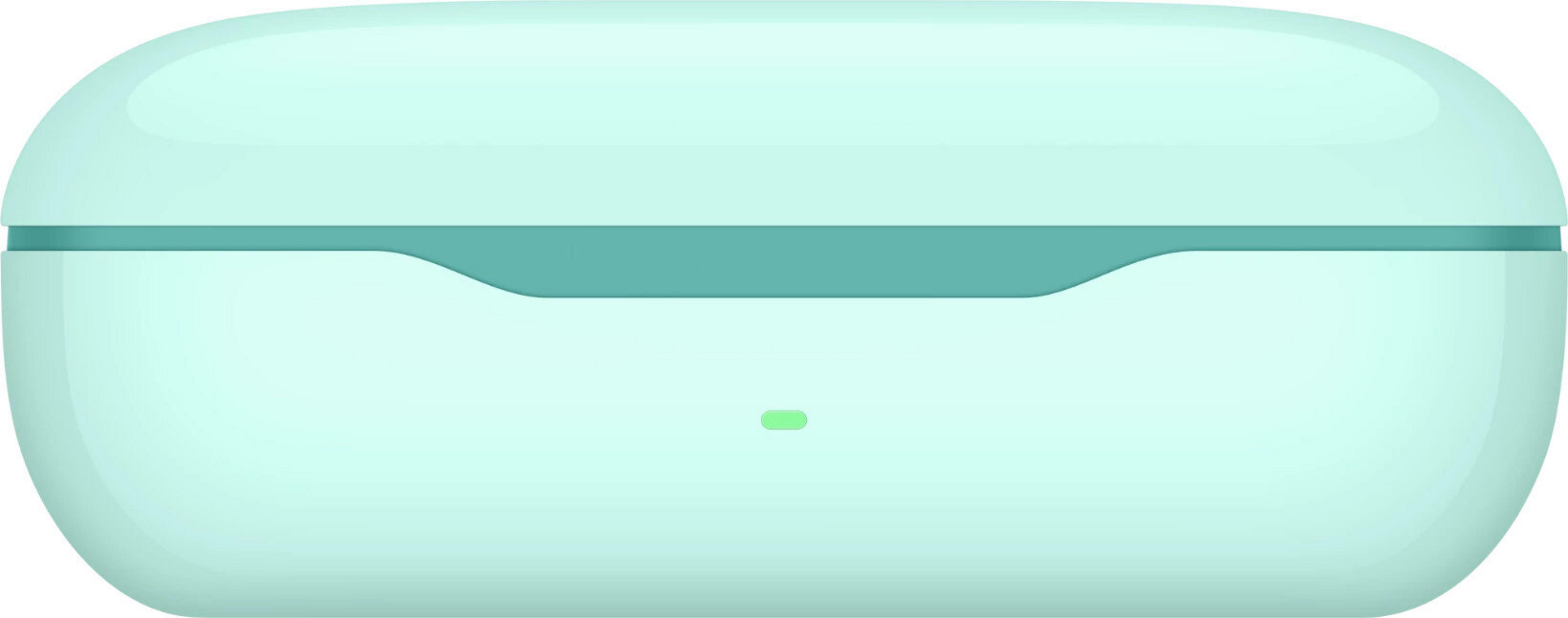 Custodia di ricarica verde chiaro per auricolari wireless con una piccola luce indicatore verde.