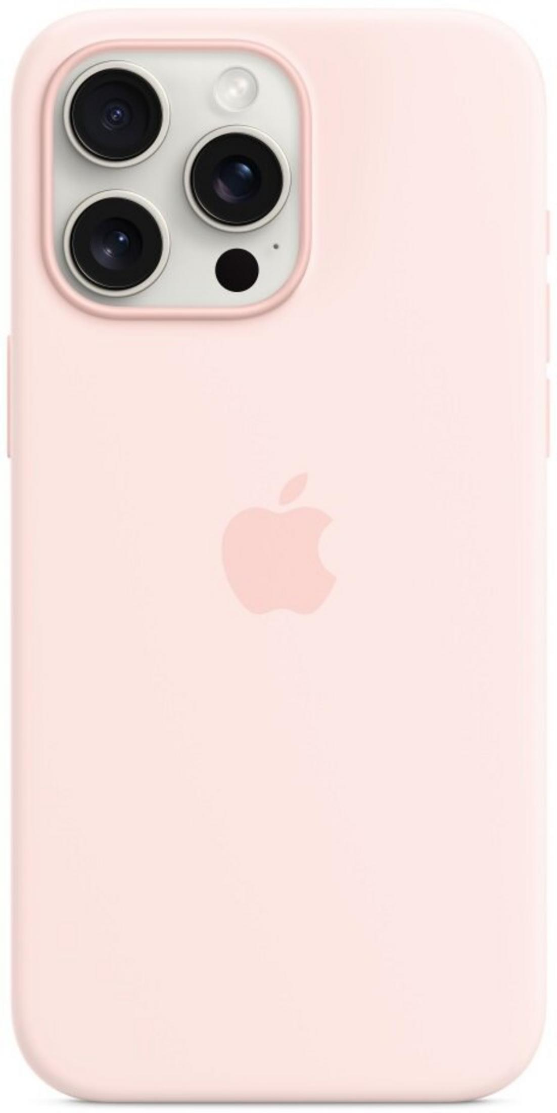 A light pink iPhone with an Apple logo and a triple camera setup.