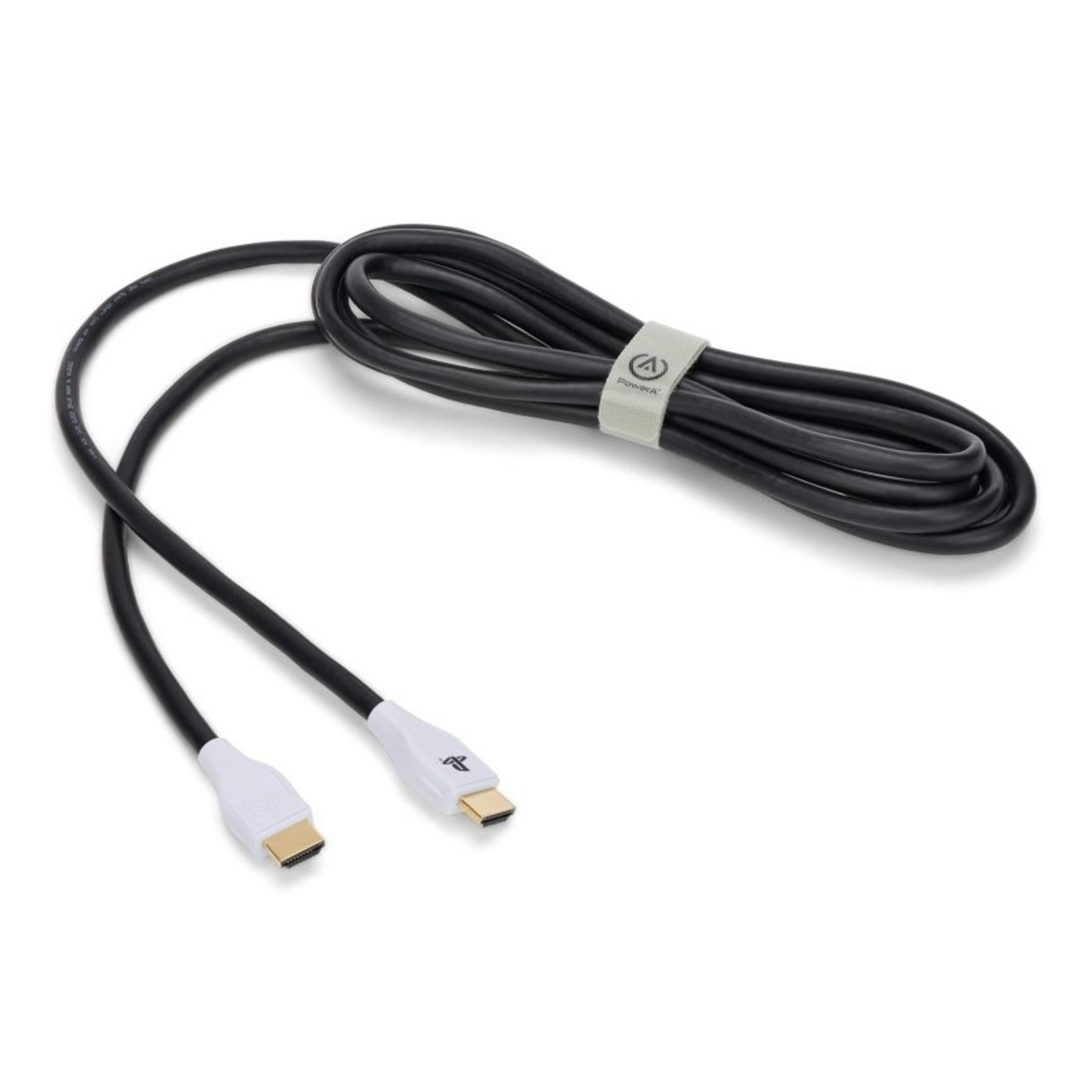 Ein schwarzes HDMI-Kabel mit weißen Anschlüssen und goldenen Kontakten liegt auf weißem Grund.