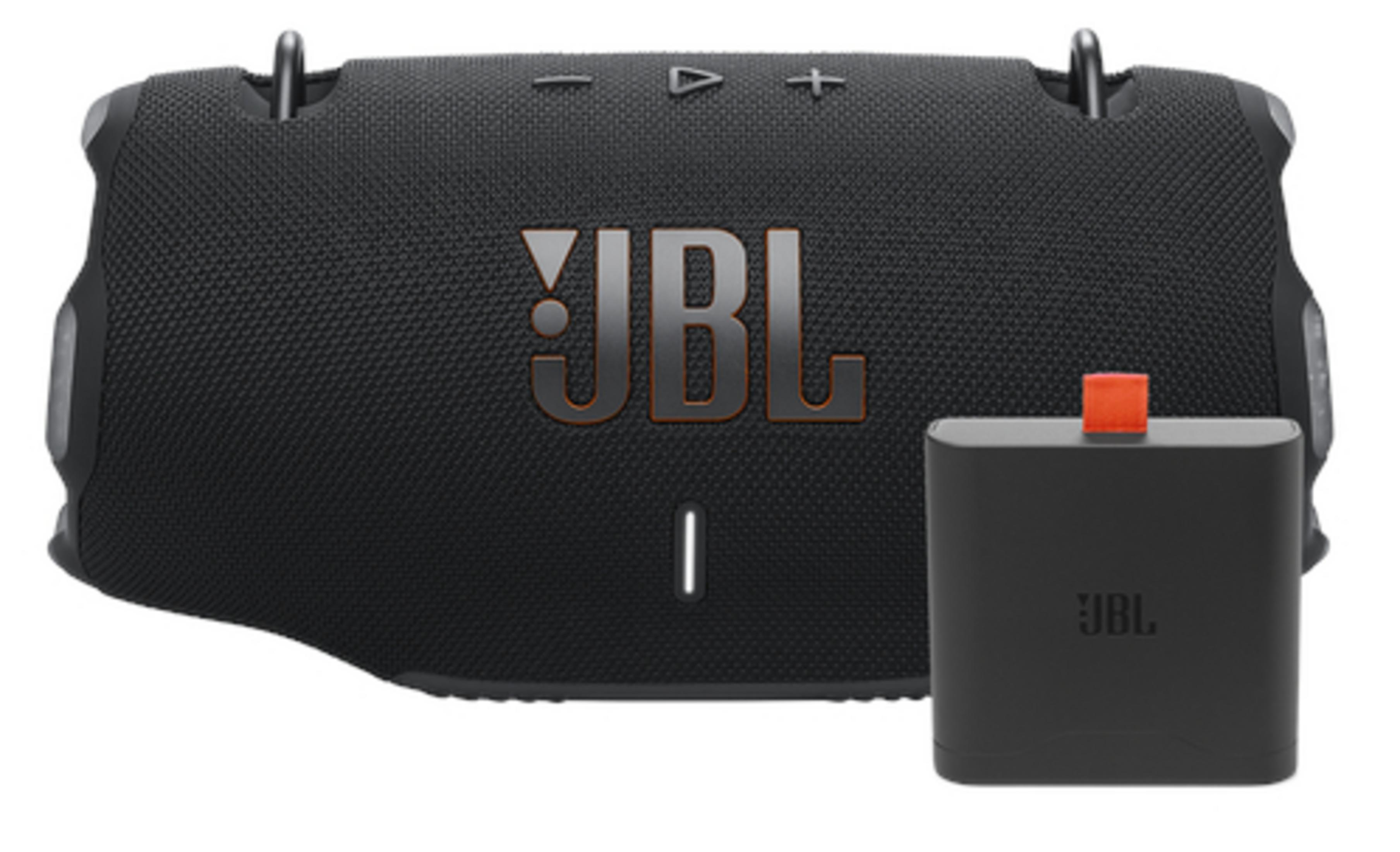 Altoparlante JBL nero con accenti arancioni e un power bank nero con parte superiore arancione.