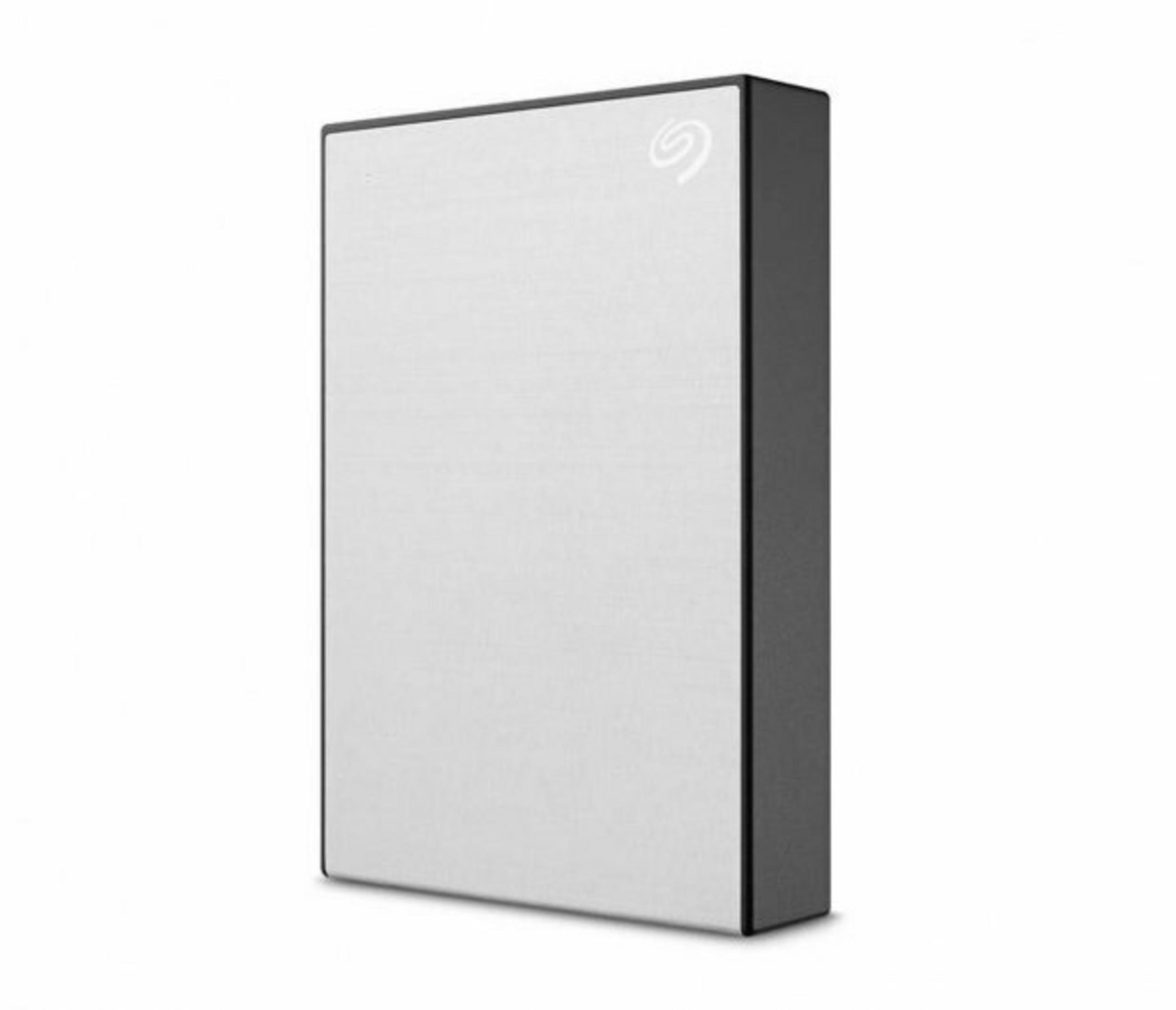 Un hard disk esterno argentato con cornice nera su sfondo bianco.