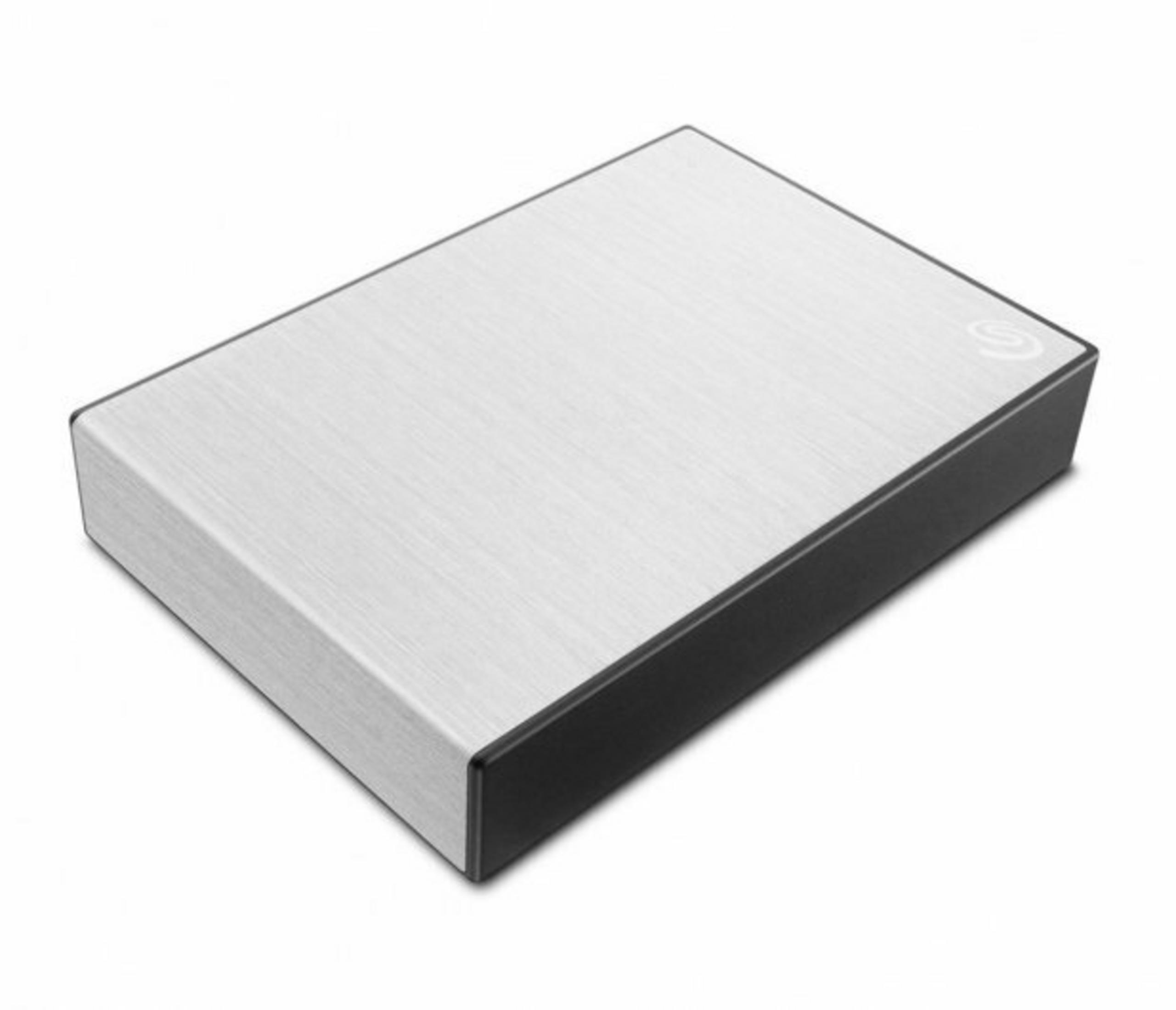 Hard disk esterno argentato con bordo nero, logo Seagate in alto a destra.