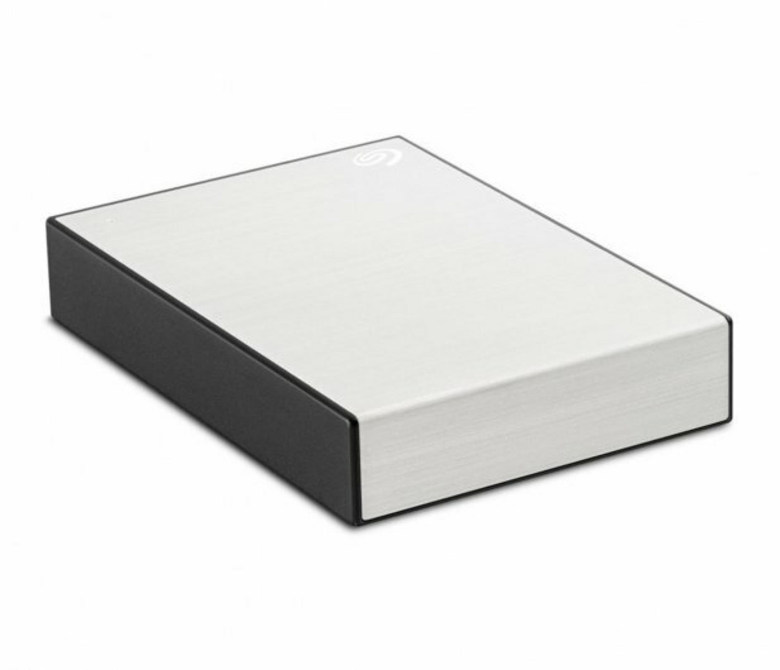 Un hard disk esterno Seagate argentato con lato nero su sfondo bianco.