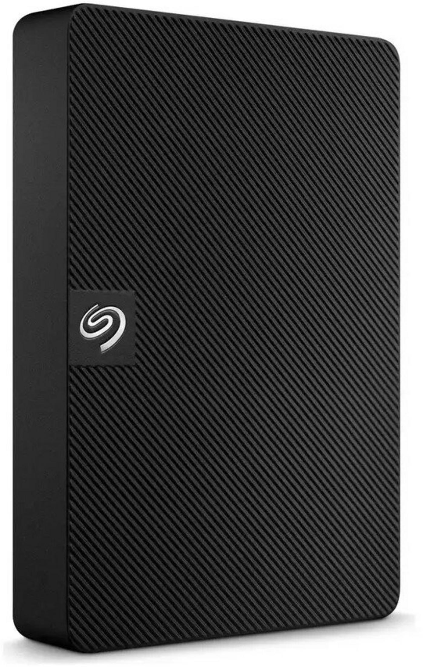 Czarny zewnętrzny dysk twardy z teksturowaną powierzchnią i srebrnym logo Seagate.