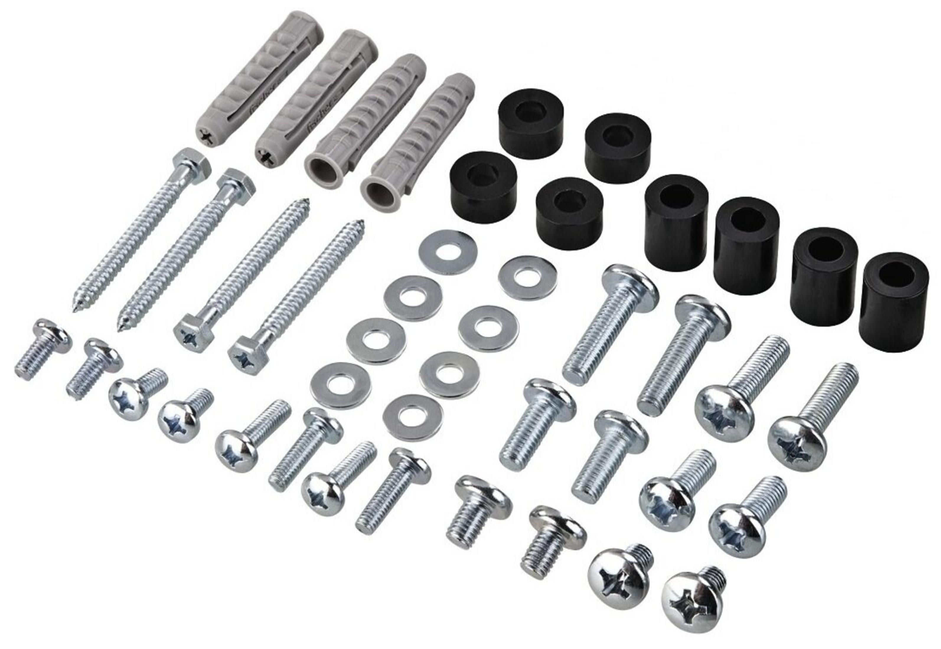 Szare kołki, czarne przekładki oraz różne śruby i podkładki na białym tle.